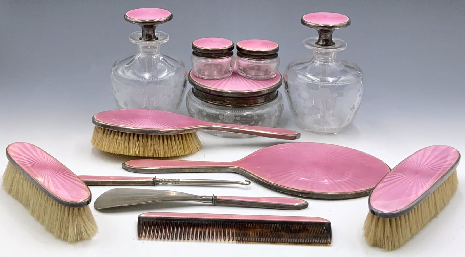 Sterling and Pink Guilloche Enamel Vanity Set. (1 of 1)