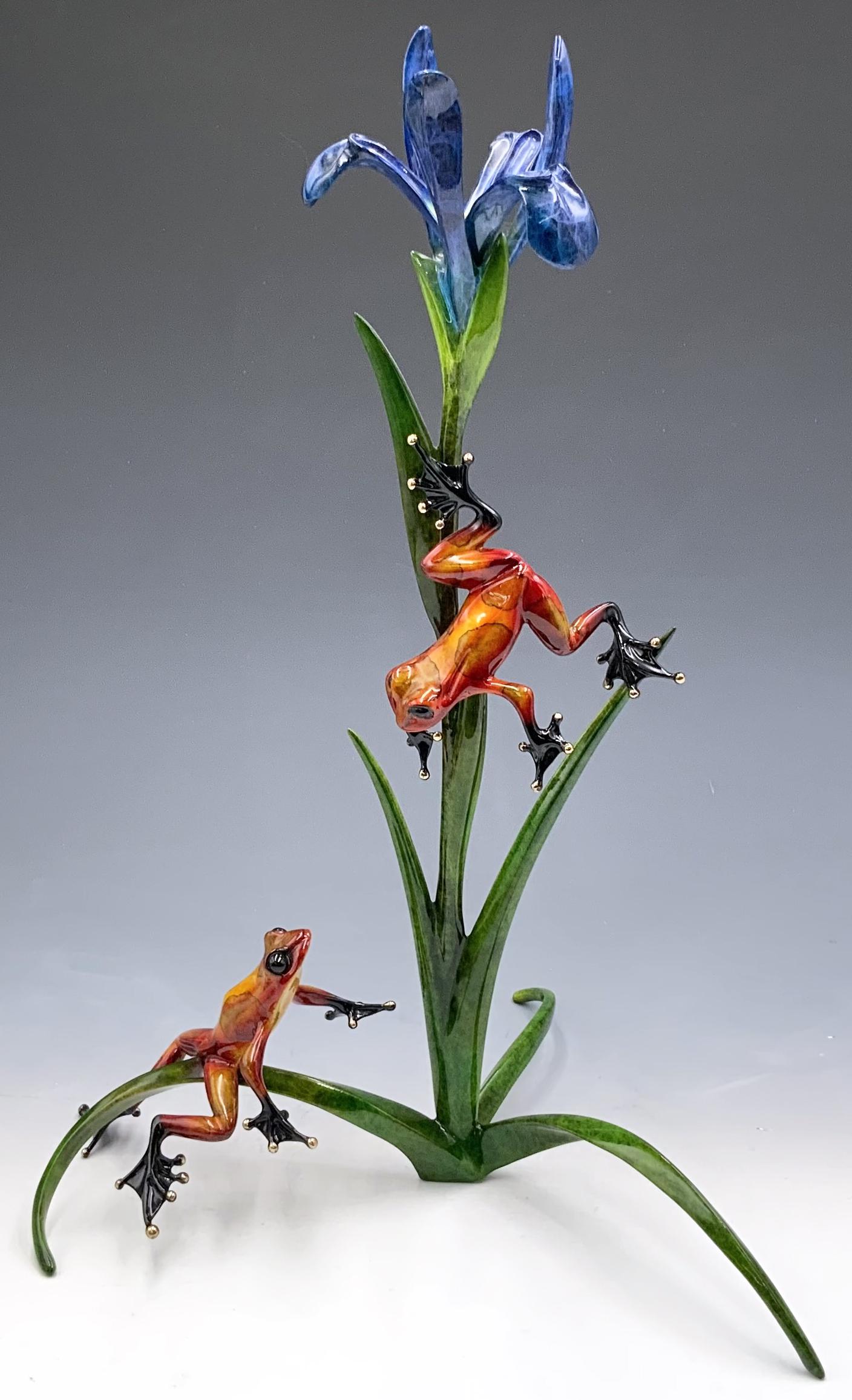 Tim Cotterill Bronze & Enamel Frogs w/ Flower.: Signed and numbered - AP 88/100. The Piece is in Excellent Condition. The flower looks to be a Blue Iris, with a little ladybug crawling up on one of the petals. The two frogs look like they will meet