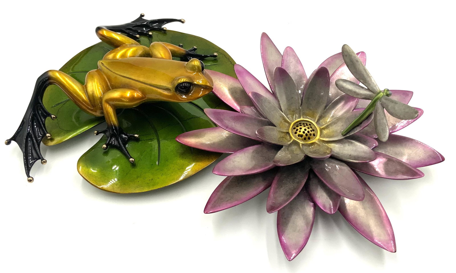Tim Cotterill Bronze Frog w/ Water Lotus.: Signed and numbered 23/75. It is in Excellent condition. The frog is poised on a Lilypad, eyeing a dragonfly that is hovering over the flower. There is also a ladybug crawling on the underside of one 