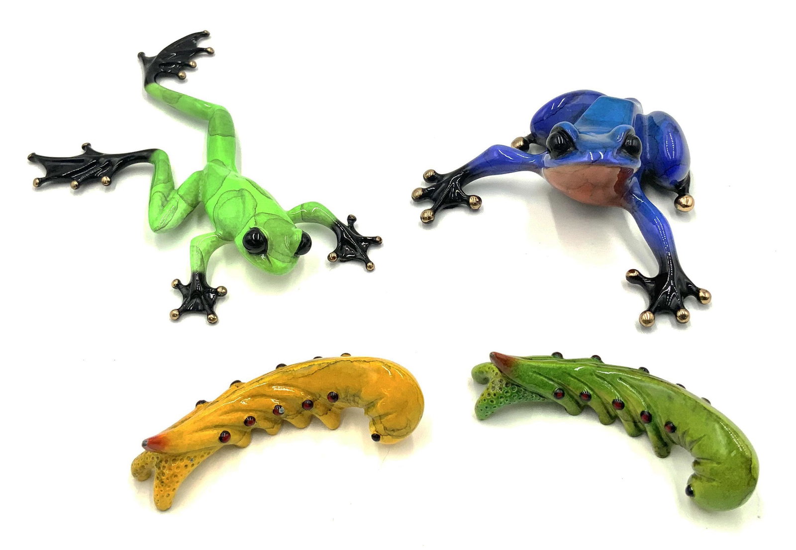 Tim Cotterill Lot: Frog, Gecko, and Caterpillars.: All are signed and numbered. There is a tiny Blemish on the frog's right hand, some Enamel loss on the Gecko's left foot, and several areas of Enamel loss on the caterpillars (more so on the Yellow on