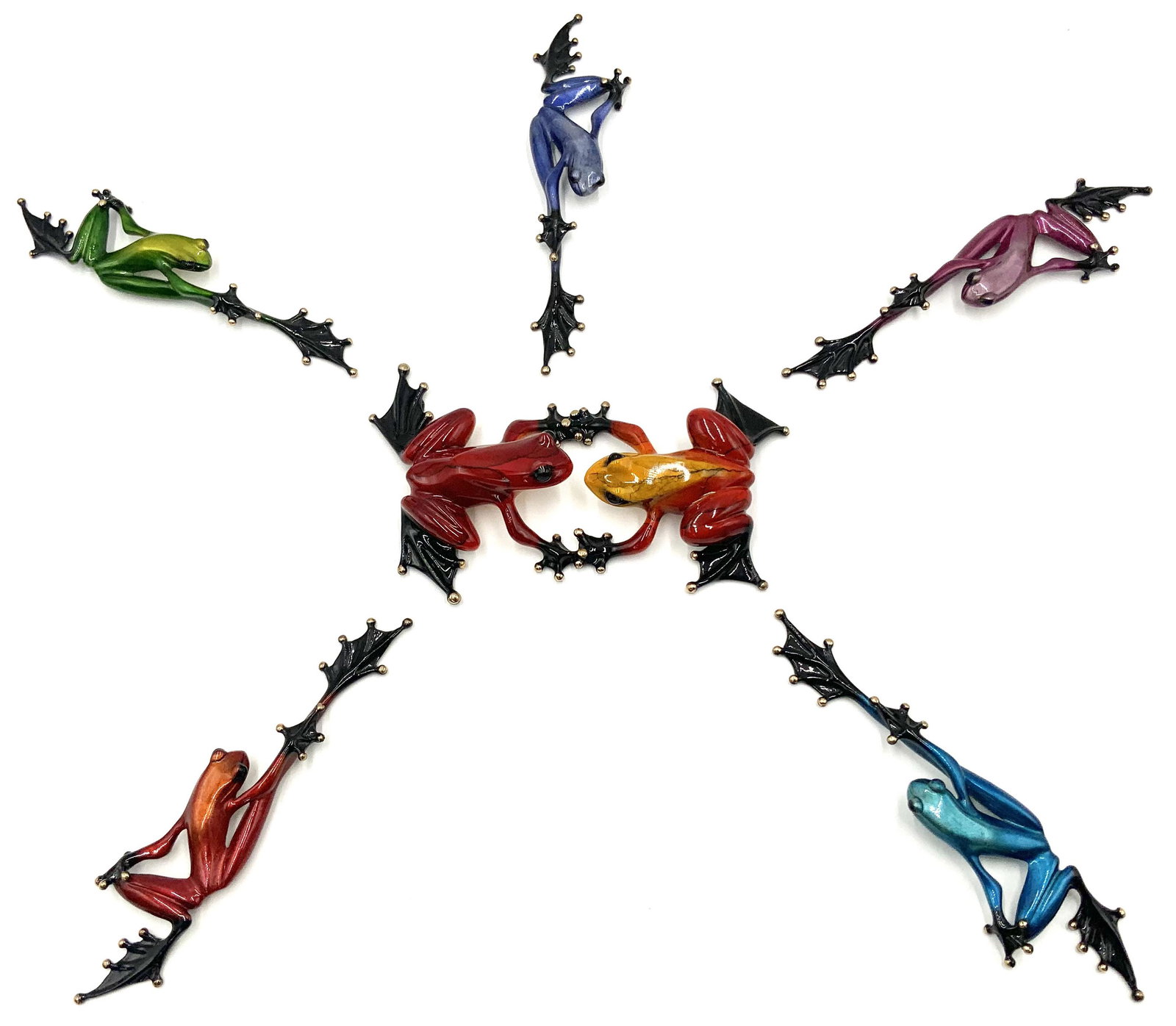 Tim Cotterill Frog Lot: The Islanders, The Kiss.: There are 6 total bronze and enamel Sculptures; all are Signed and numbered. Five of them are "The Islanders", in different bright colors. The sixth sculpture is, "The Kiss", featuring two frogs holdi