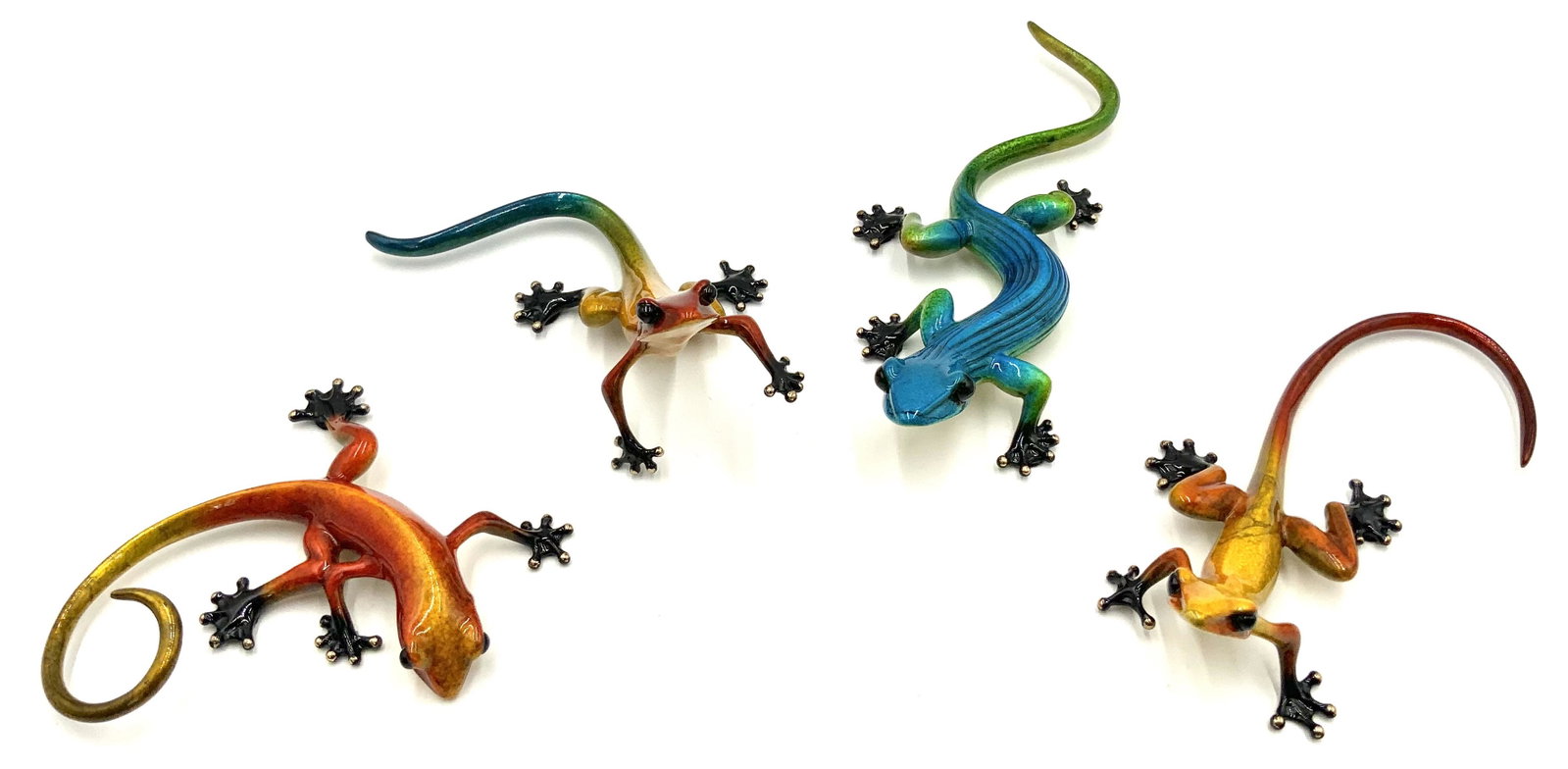 Lot of 4 Tim Cotterill Bronze and Enamel Geckos.: These are Brightly colored lizards with long tails. All are Signed and Numbered. They look to be in Very Nice condition overall. The red and yellow one with the spiral tail has a Very Small blemish on
