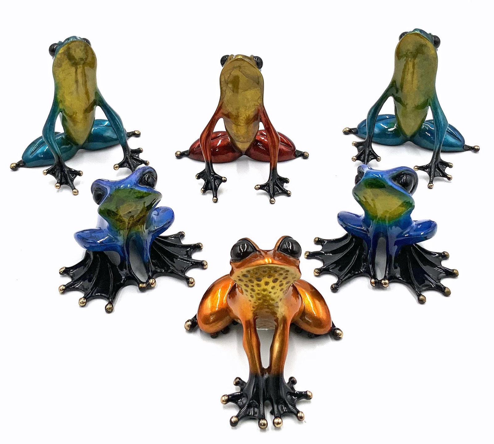 Lot of 6 Small Tim Cotterill Bronze Frogs.: They are all crouched down, looking up - a bit like a dog when it sits. Two of them actually look like Froglets, because they still have a bit of a tail remaining from their tadpole stage. These are i