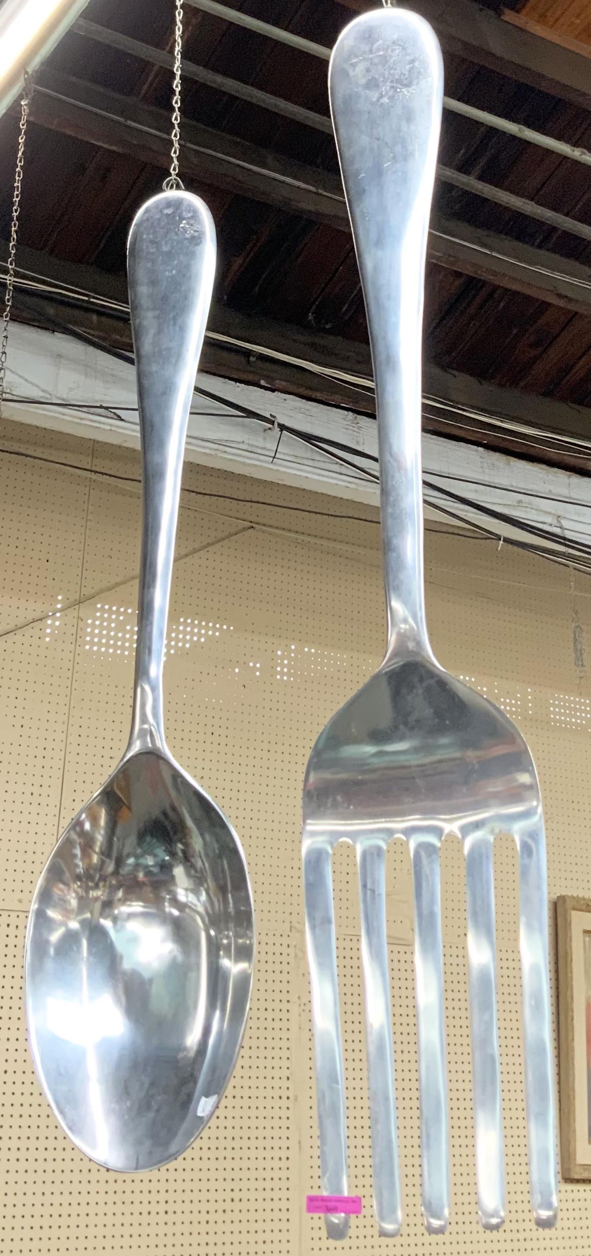 Massive Unsigned Curtis Jere Fork & Spoon.: These Appear to be Made of Aluminum, and are Huge, Measuring approximately 47" Long Each. They are meant to Hang on a Wall. They have some Scratches, but are in Good Overall Condition. Third-Party Shi
