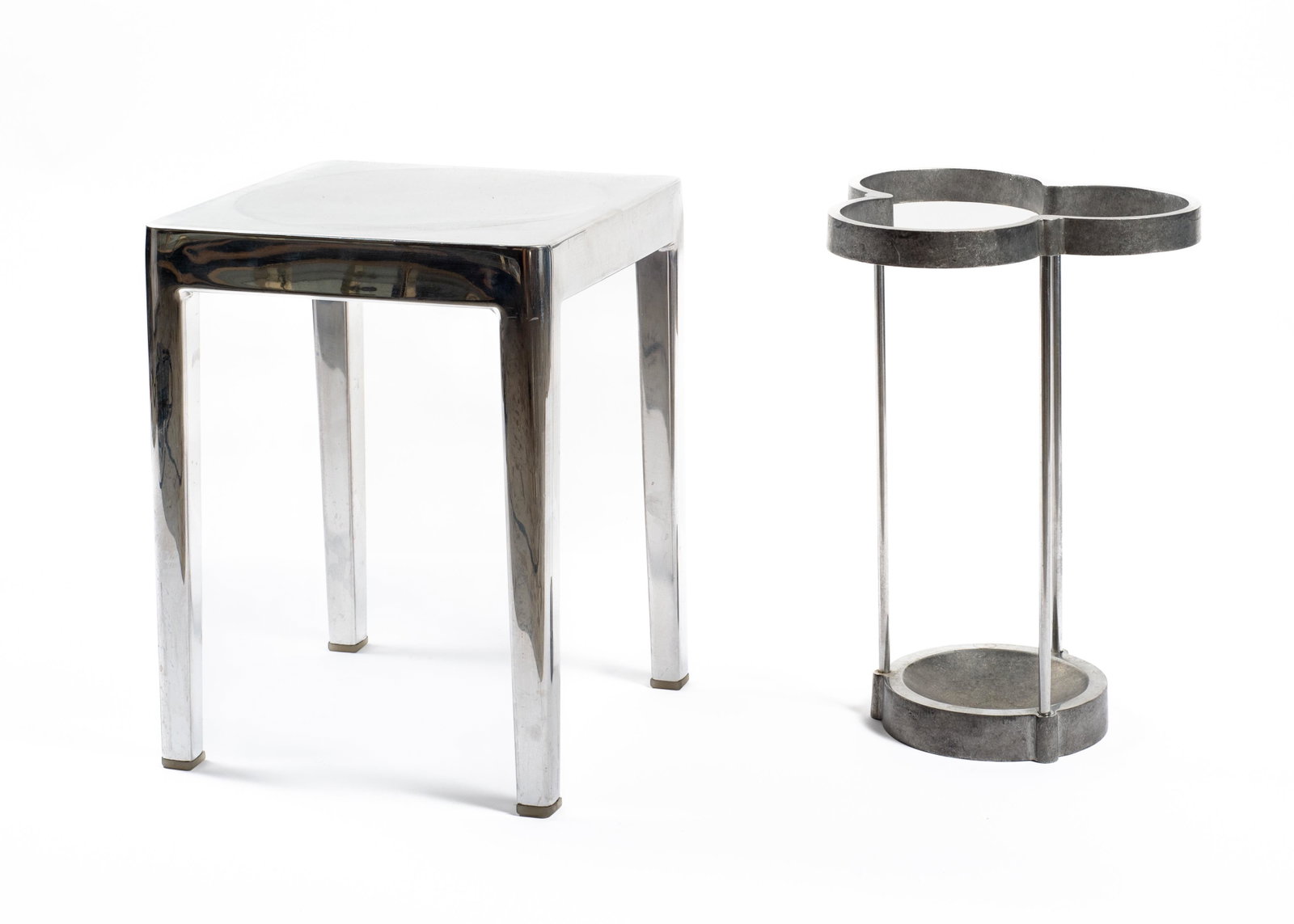 Lot: Emeco Stool & Aluminum Umbrella Stand.: The Aluminum Umbrella Stand is by Carl & Emanuela Magnusson. It is Marked with the Designers' Names, as well as the Word "Ivy", and the Date of 1990. The Stand Measures 18" Tall and 12 1/2" Wide. The 
