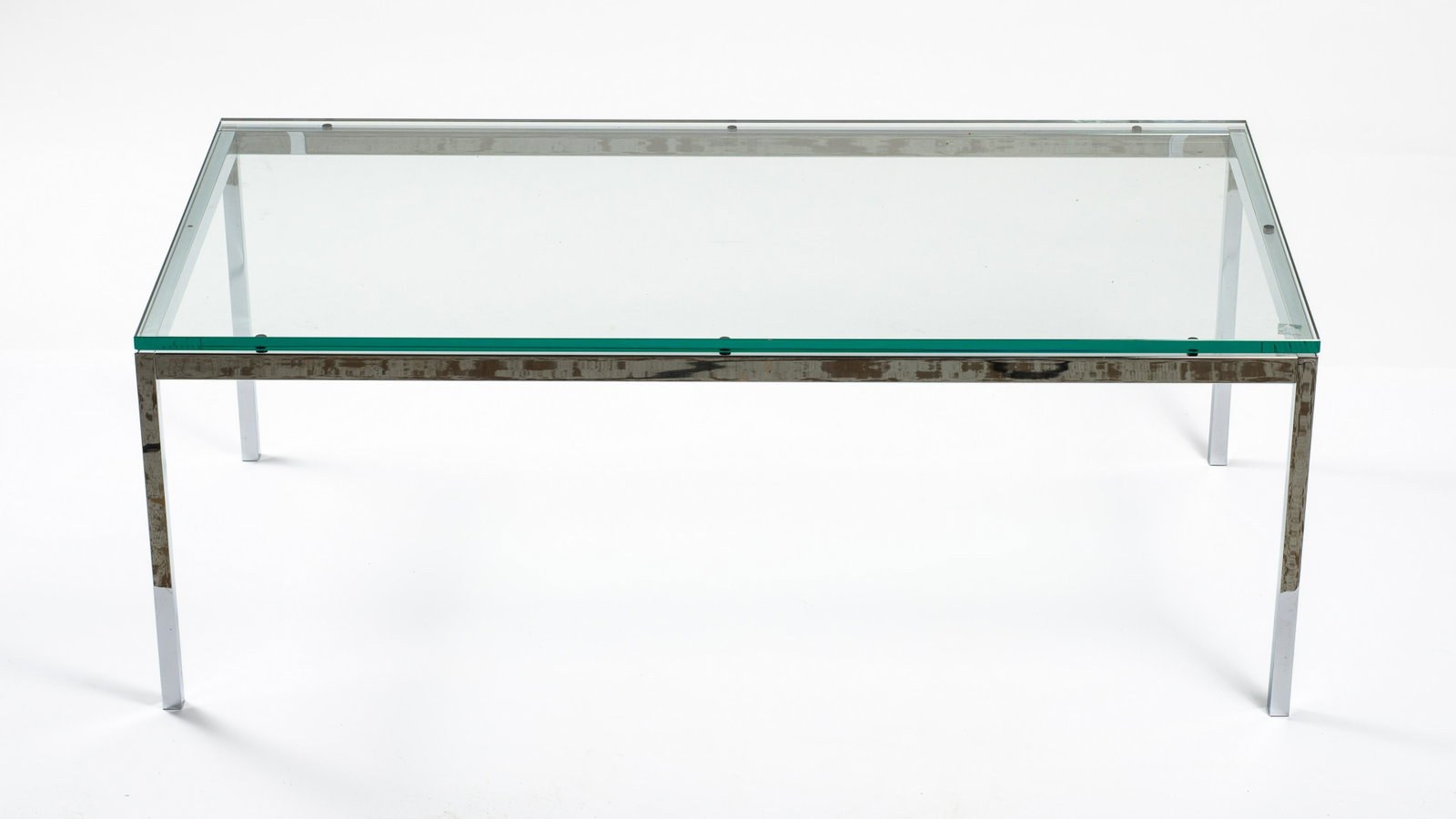 Signed Knoll Studio Florence Knoll Coffee Table.: Chrome & Glass, this Table is in Excellent Overall Condition. It measures 16 1/2" Tall, 45" Wide, and 22 1/2" Deep. The Glass Table top is 5/8" Thick. Third-Party Freight Shipping or Personal Pickup R
