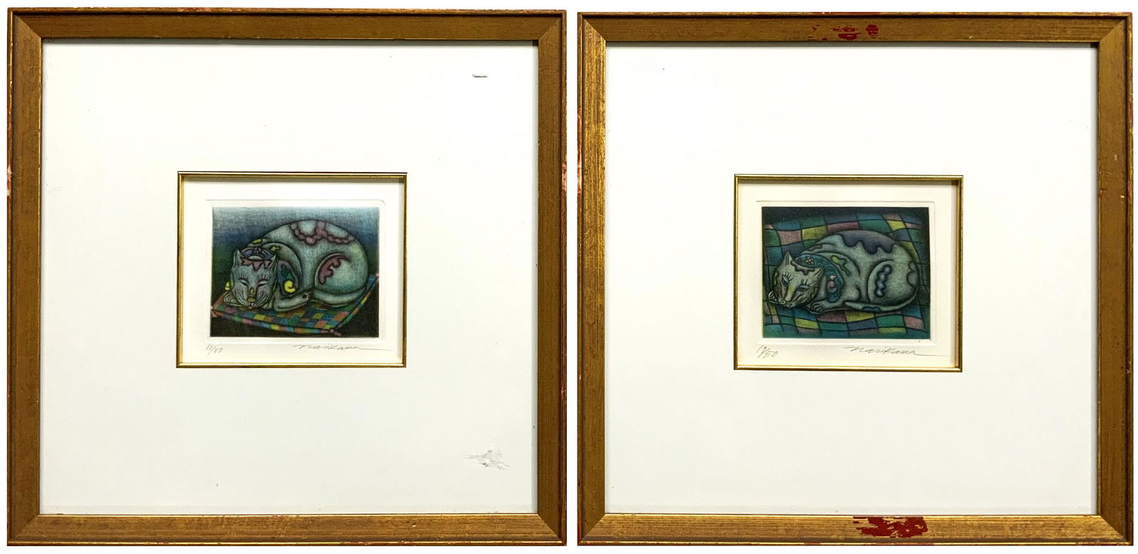 Pair of Cat Etchings Signed by Shigeru Narikawa. (1 of 3)