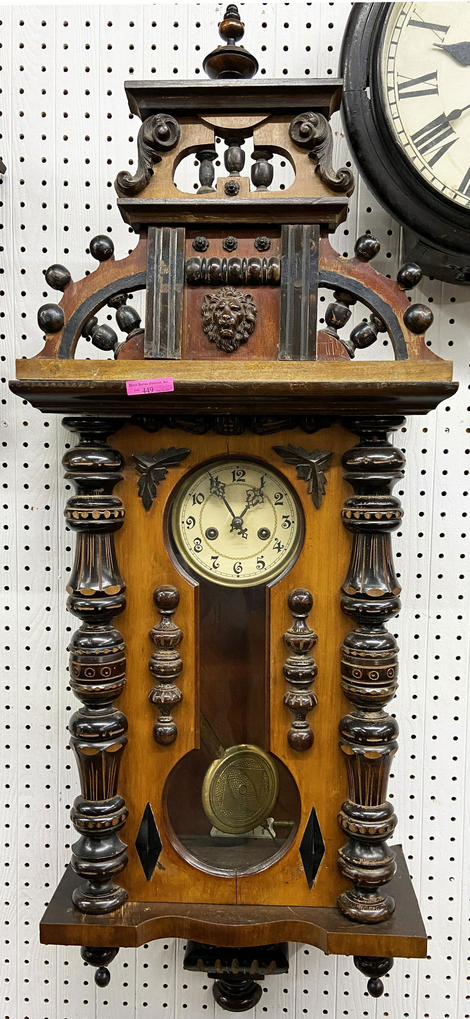 Antique-Style Wooden Wall Clock.: This clock appears to be a modified European Wall Clock. Some parts are original, some are modified. The movement is untested. It Measures 16 1/2" wide, 7" deep, and 43" tall. Third Party Shipping or