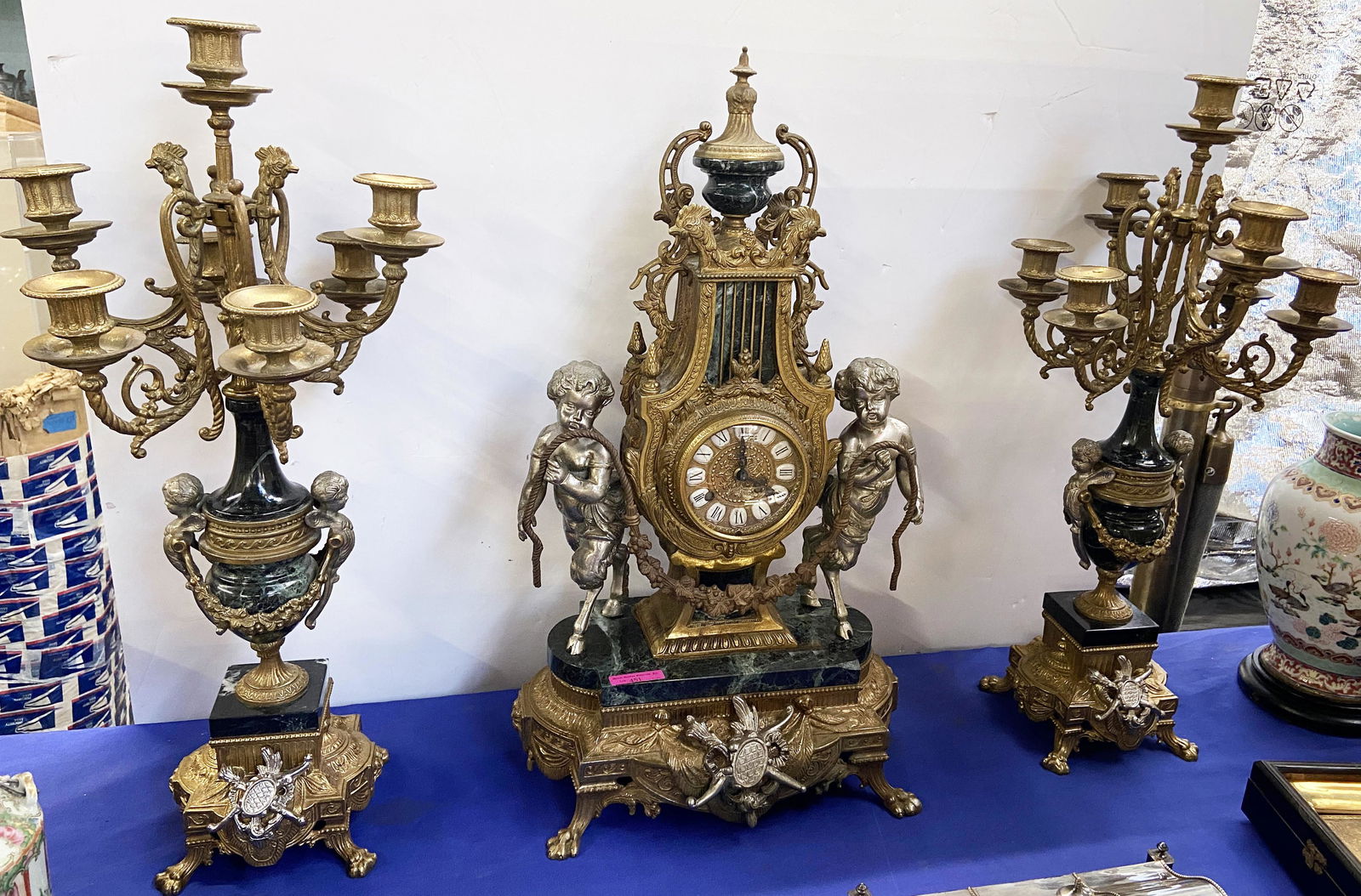 3 Pc Ornate Garniture Marble Clock Set w/Cherubs. (1 of 1)