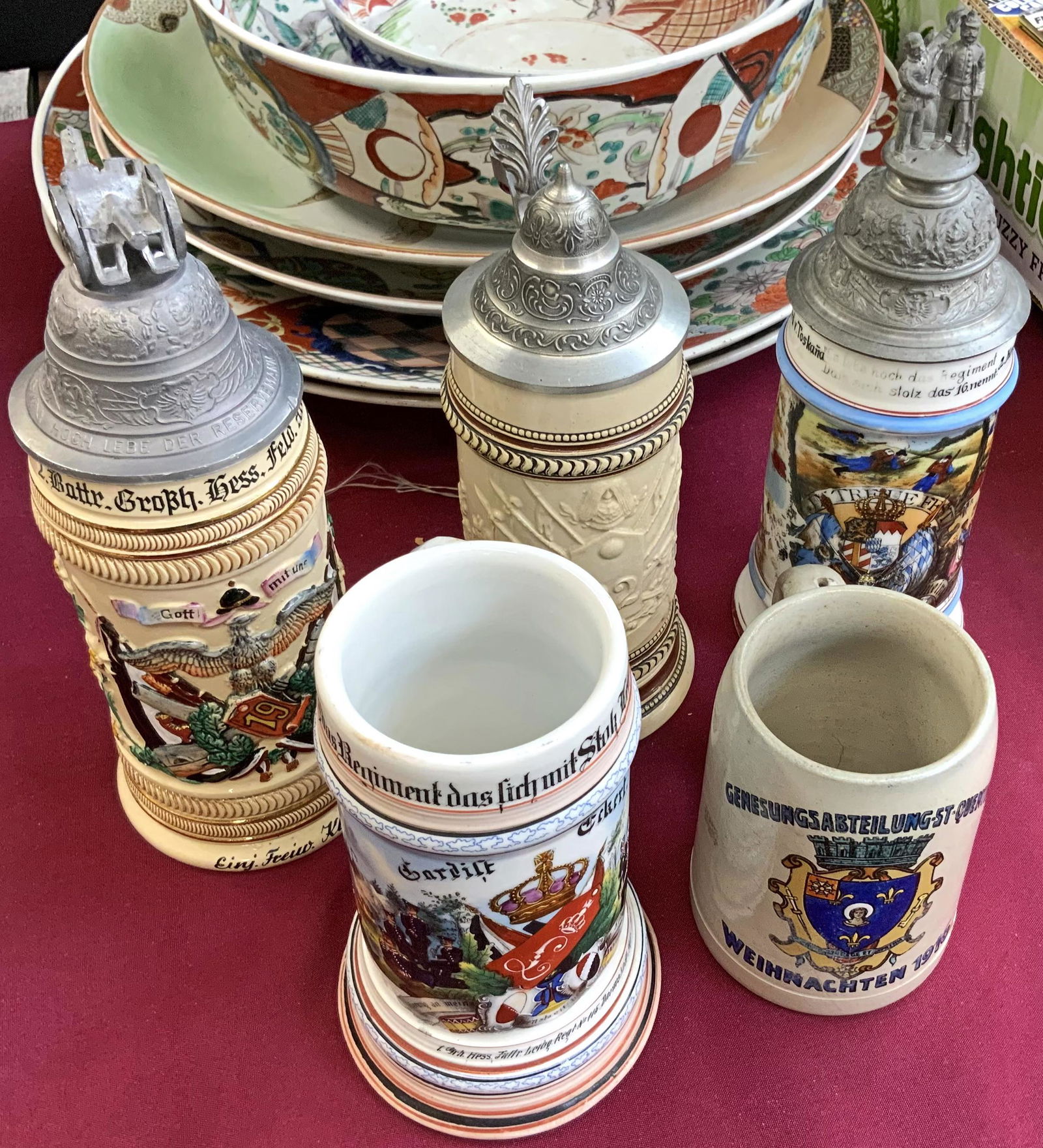 Lot of 5 German Regimental and Military Steins. (1 of 3)