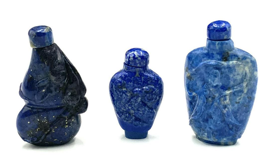 Lot of 3 Carved Lapis Chinese Snuff Bottles. (1 of 2)