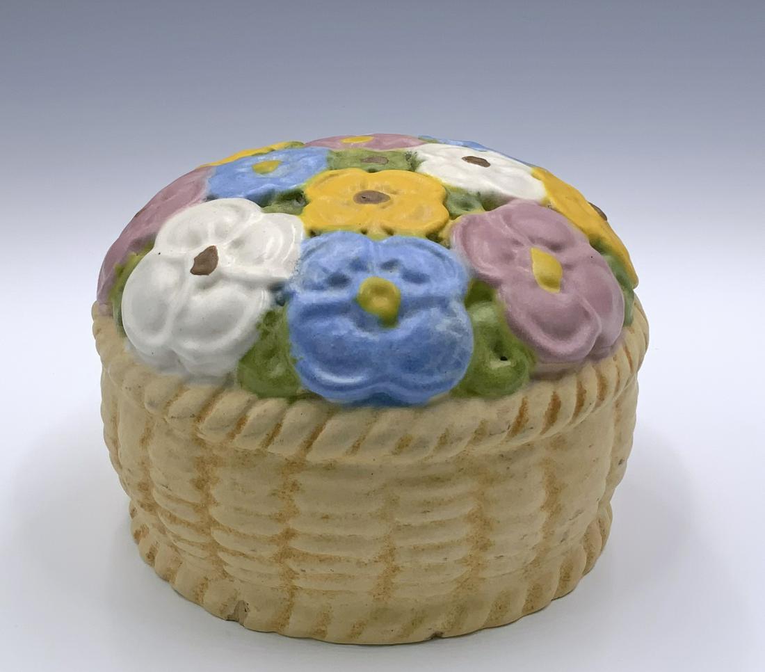 Flower Basket Pc. - American Terra Cotta Chicago.: This is the company that Teco Pottery originated from. The flower basket is colorful, with a matte finish, and looks to be in overall Nice condition. It is Marked on the Underside. There is a chip on