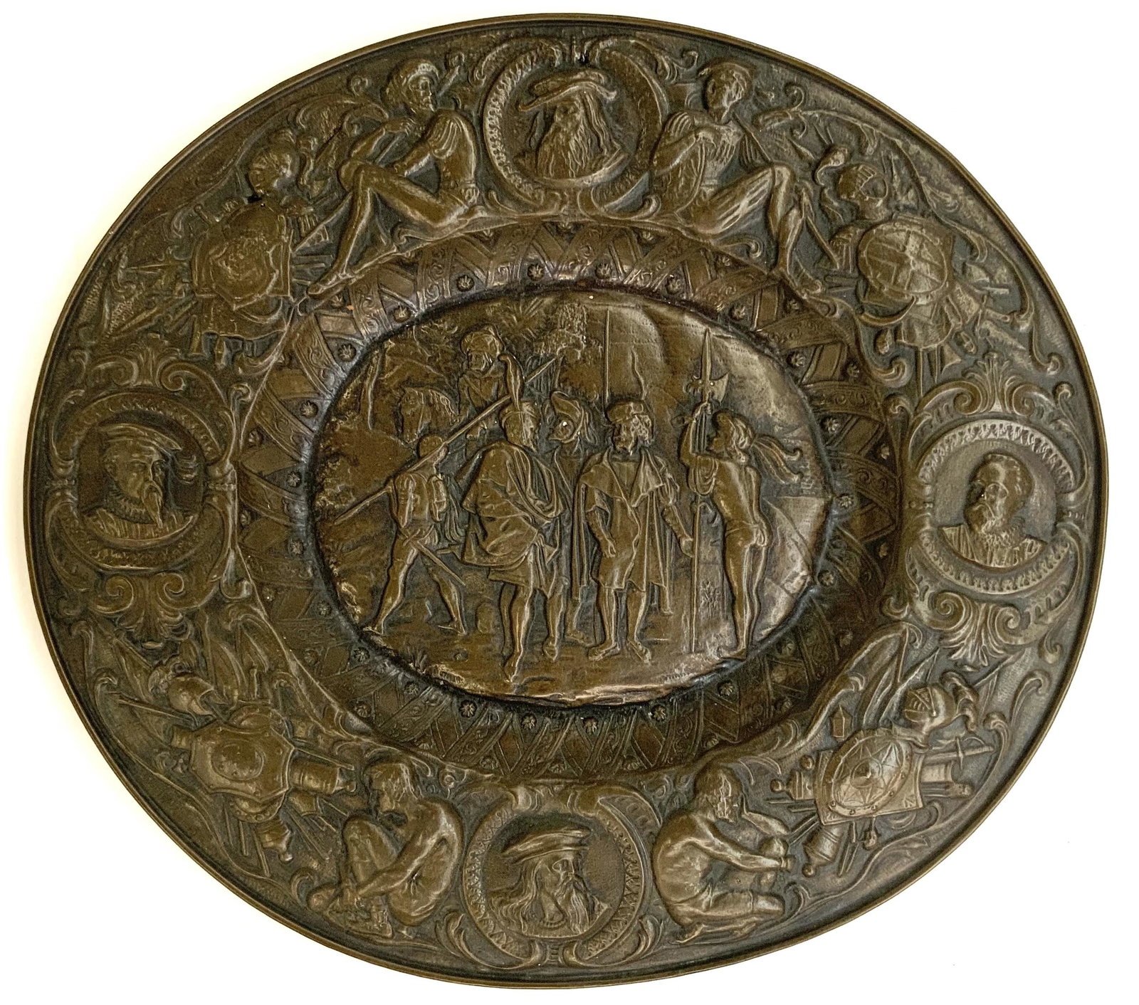 Relief Wall Plate- Renaissance Scene?: It Looks to be a reproduction; there is minimal surface wear. The images are of soldiers, aristocrats, prisoners, and more. The Plate is Metal, and it feels quite Lightweight. It Measures 22" long, 20