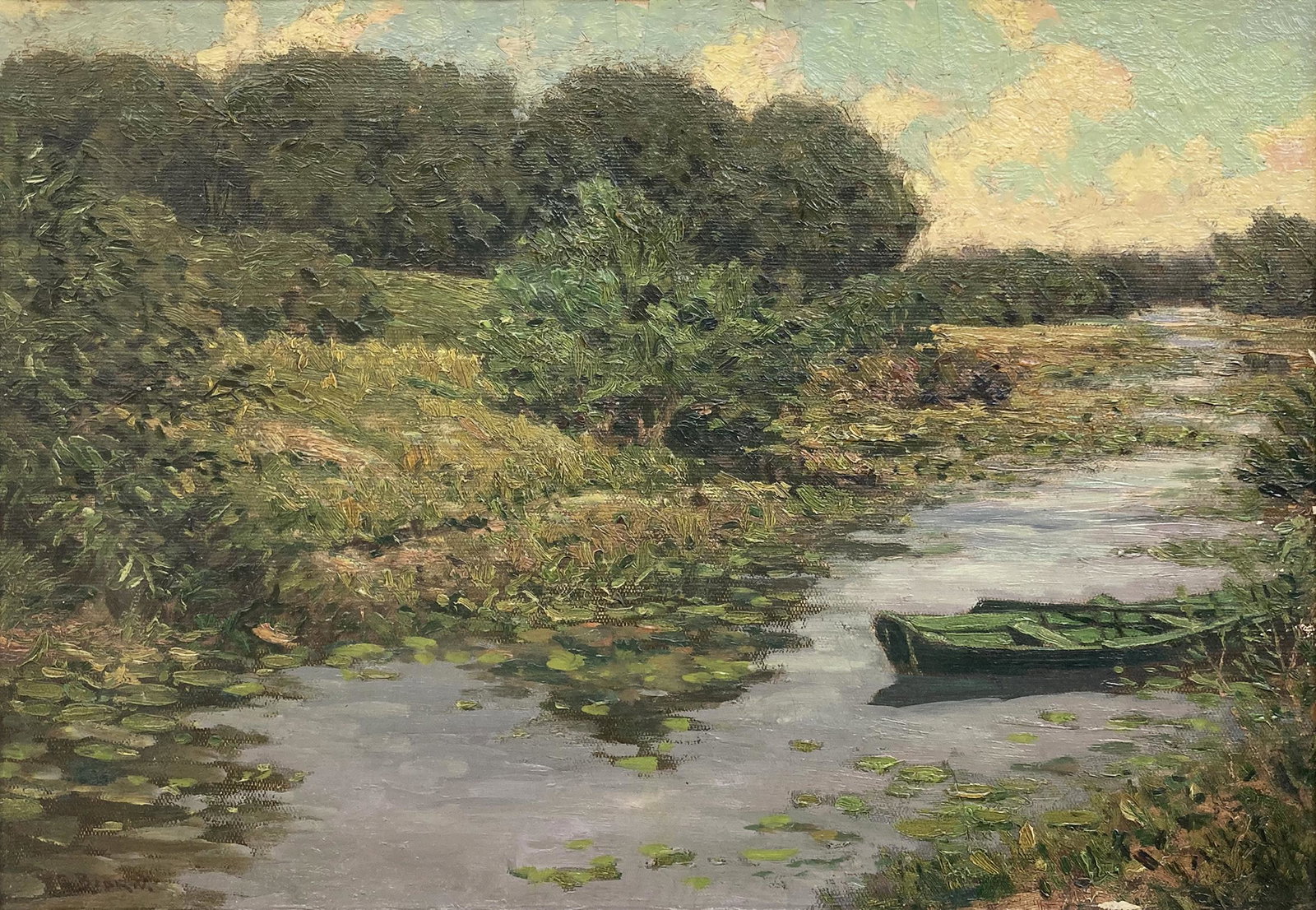 Emil Bjorn Landscape Painting, Calumet Wetlands.: An Antique oil landscape painting depicting a creek with a shallow boat floating quietly. It is signed in the lower left corner. The Paint is fragile, with minor areas of chipping along the right edge