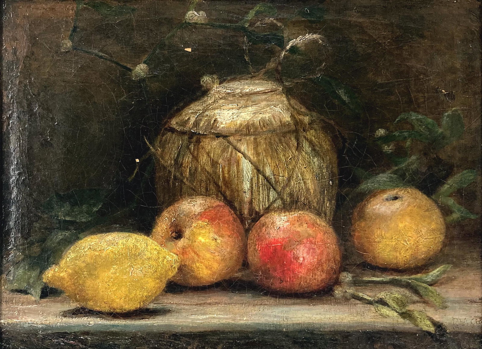 Antique Oil Painting, Still Life, Signed.: An Oil still life showing a table top with fruit, scallions and a closed basket made of straw. The Work is signed, but the artist is unfound. The Signature Visible reads "M A Clon". The Painting is in
