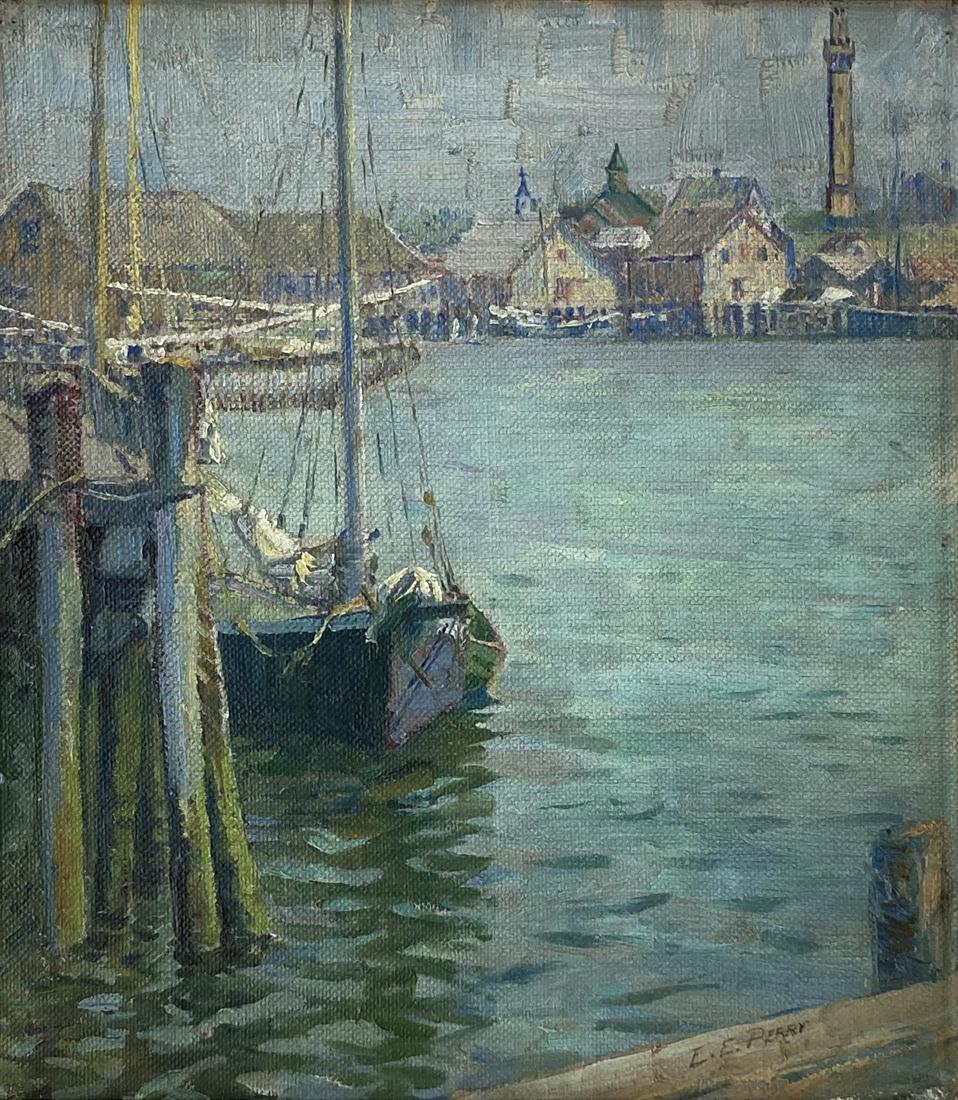 Oil Painting of Harbor Signed E. E. Perry. (1 of 5)