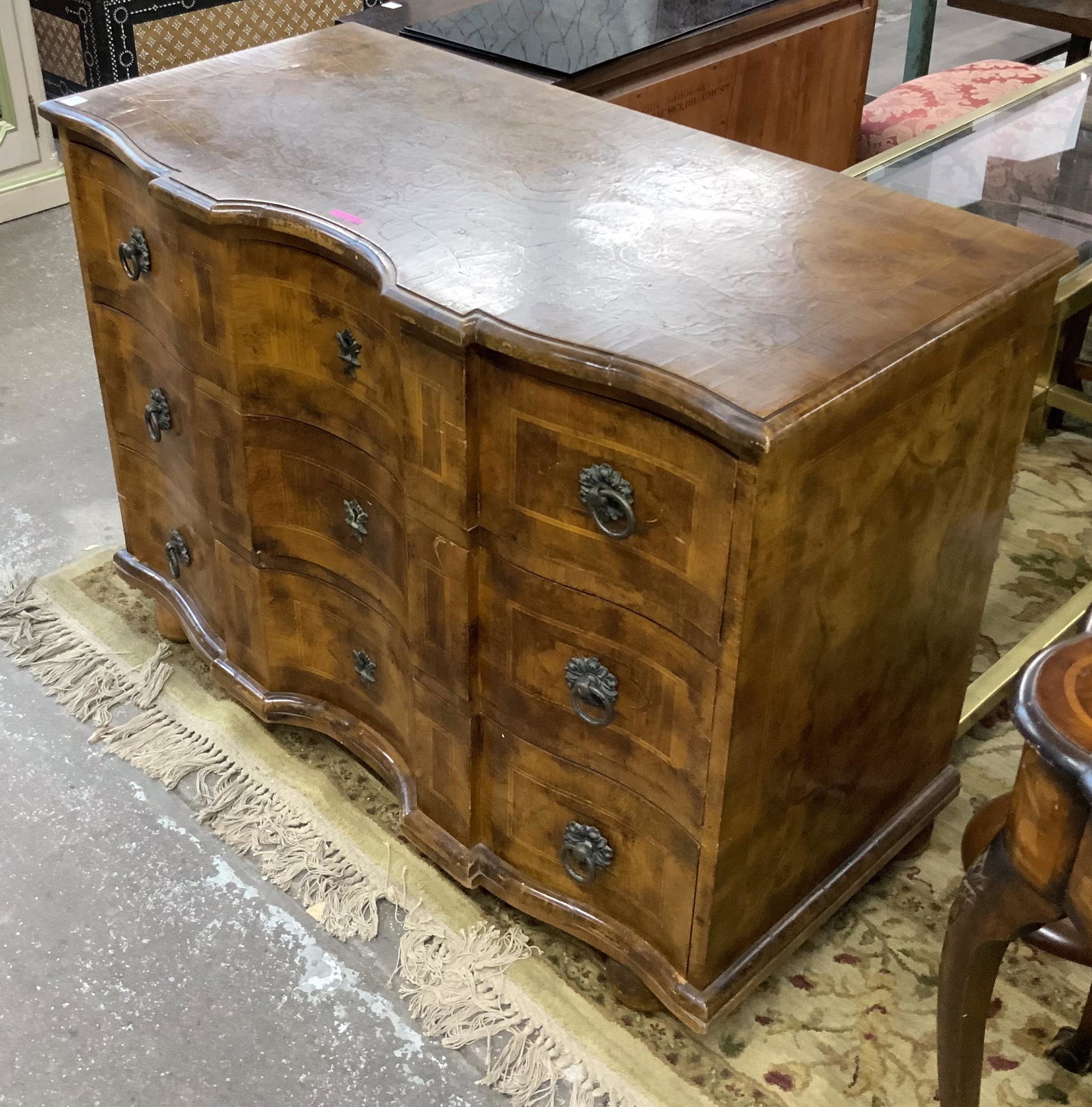 Antique Marquetry Inlay 3-Drawer Chest.: This Antique Chest has inlay on all surfaces. The hardware appears to be original, and no dovetail was used to join the drawer fronts. There is no obvious damage to the veneer or substructure of the p
