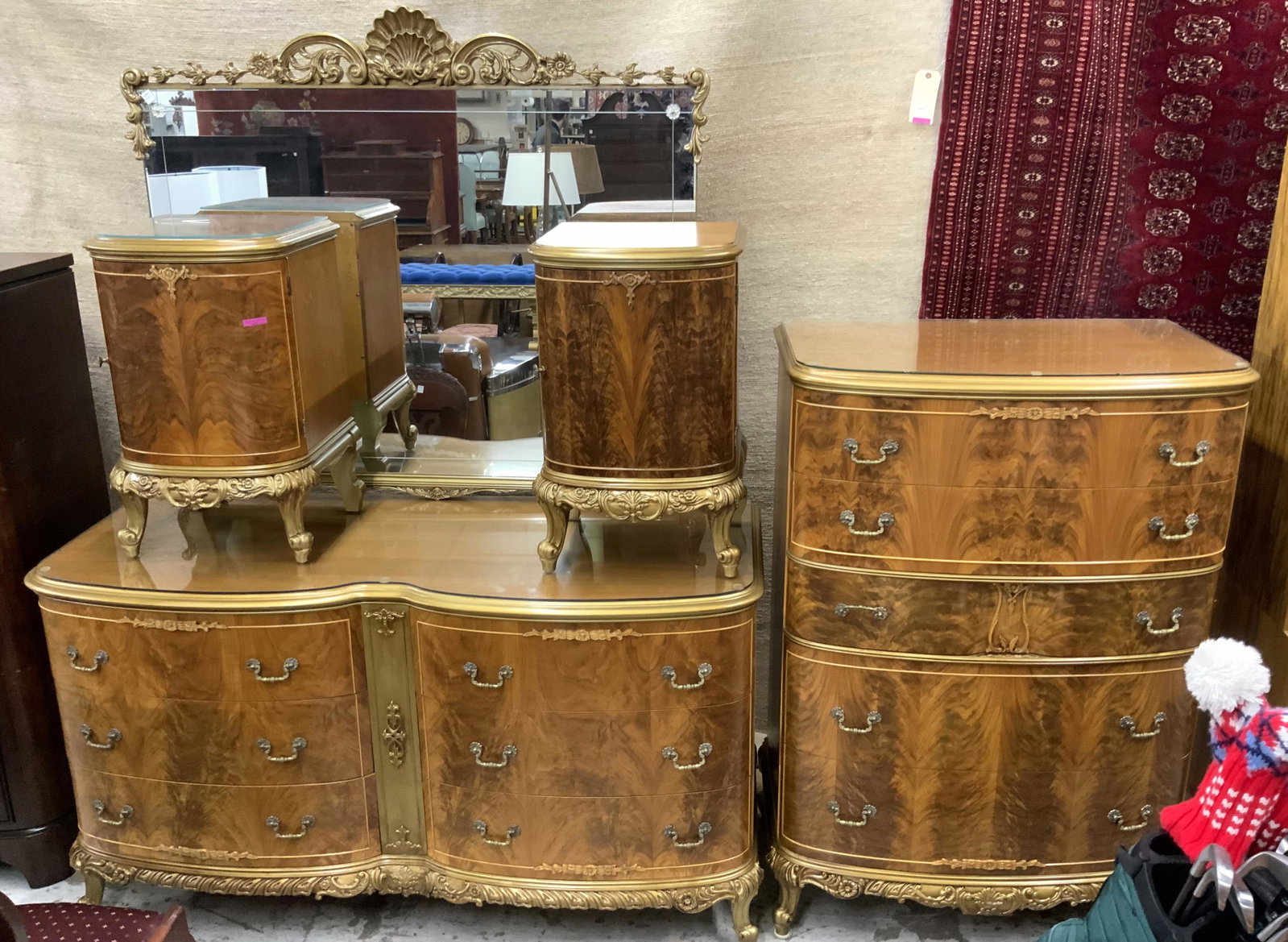 Vintage 4 Pc. French-Style Bedroom Set.: The Set Consists of a 6-drawer dresser with mirror, a tall 5-drawer chest, and 2 nightstands, all fitted with glass tops. The set has been restored and is in Good Overall Condition. One nightstand gla