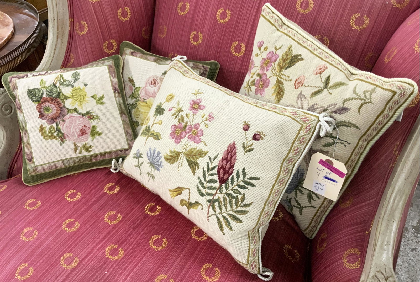 Lot of 4 Floral-Design Needlepoint Pillows.: The Pillows are all floral design, and in good condition, with no stains or damage. The Largest measures 17" by 12".