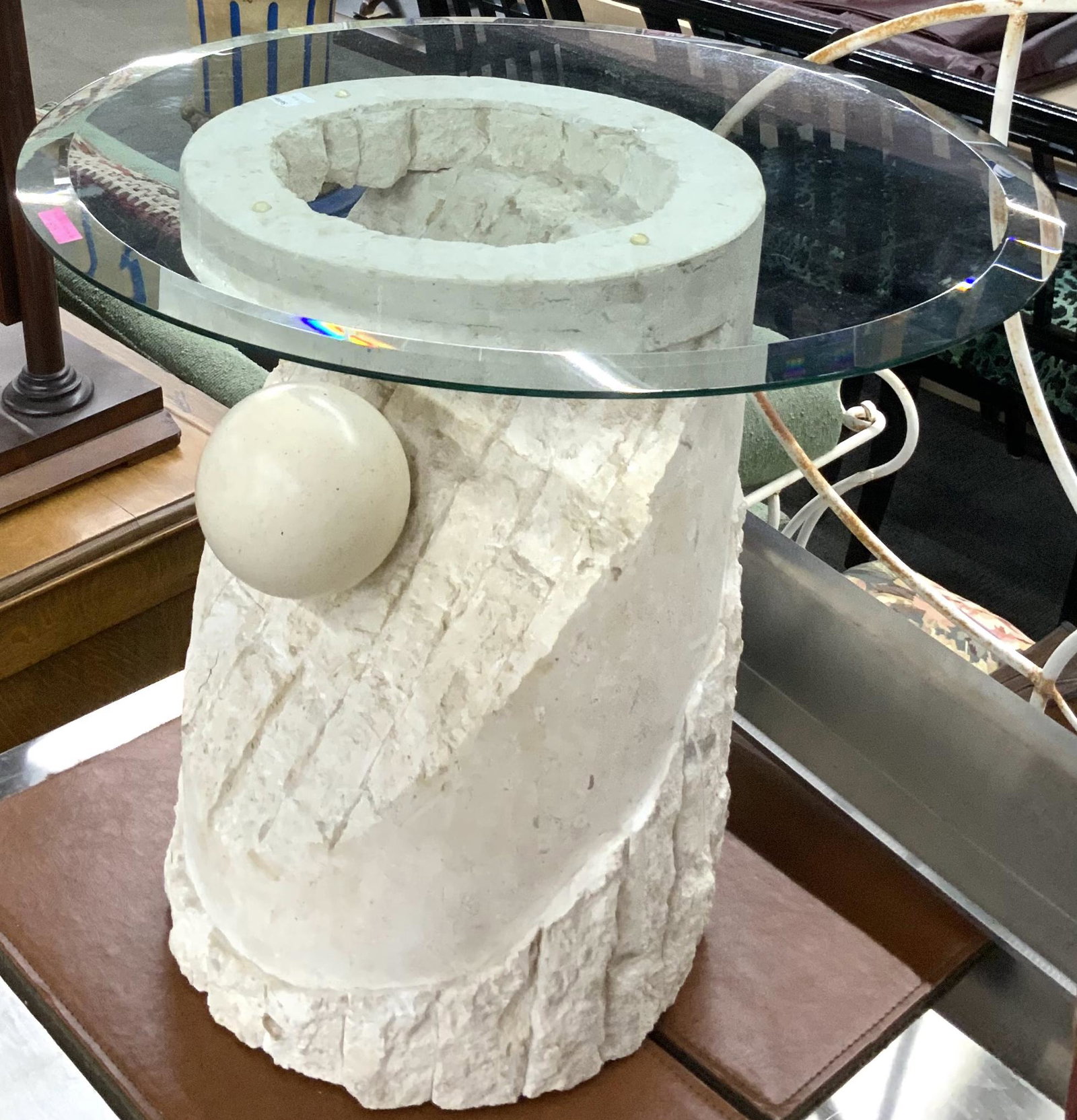 Cast Stone-Type Lamp Table.: This table is made of a White Stone-Type composition, but is much lighter. The Stone ball adornment is real stone, and the top is glass with a polished edge. The table appears to be in good overall co