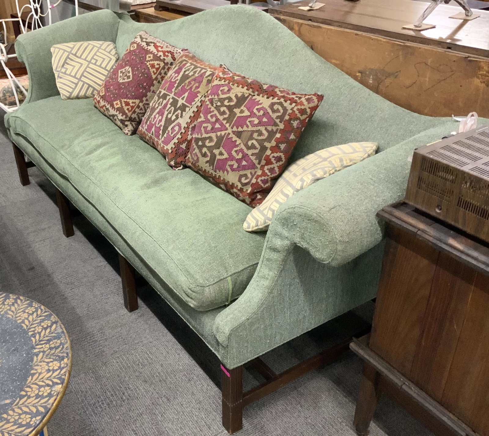 Vintage Chippendale-Style Camelback Sofa.: This full-size sofa is used, but in good overall condition. It measures 96" wide, 32" deep, and 39" tall. Third-Party Freight Shipping or Personal Pickup Required.