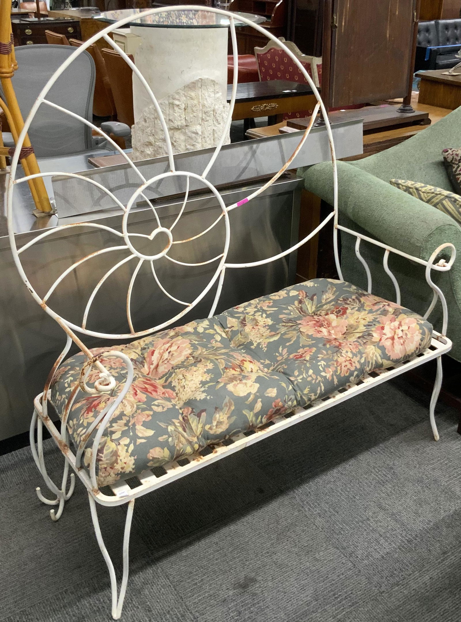 Vintage Wrought Iron Garden Bench with Cushion. (1 of 1)