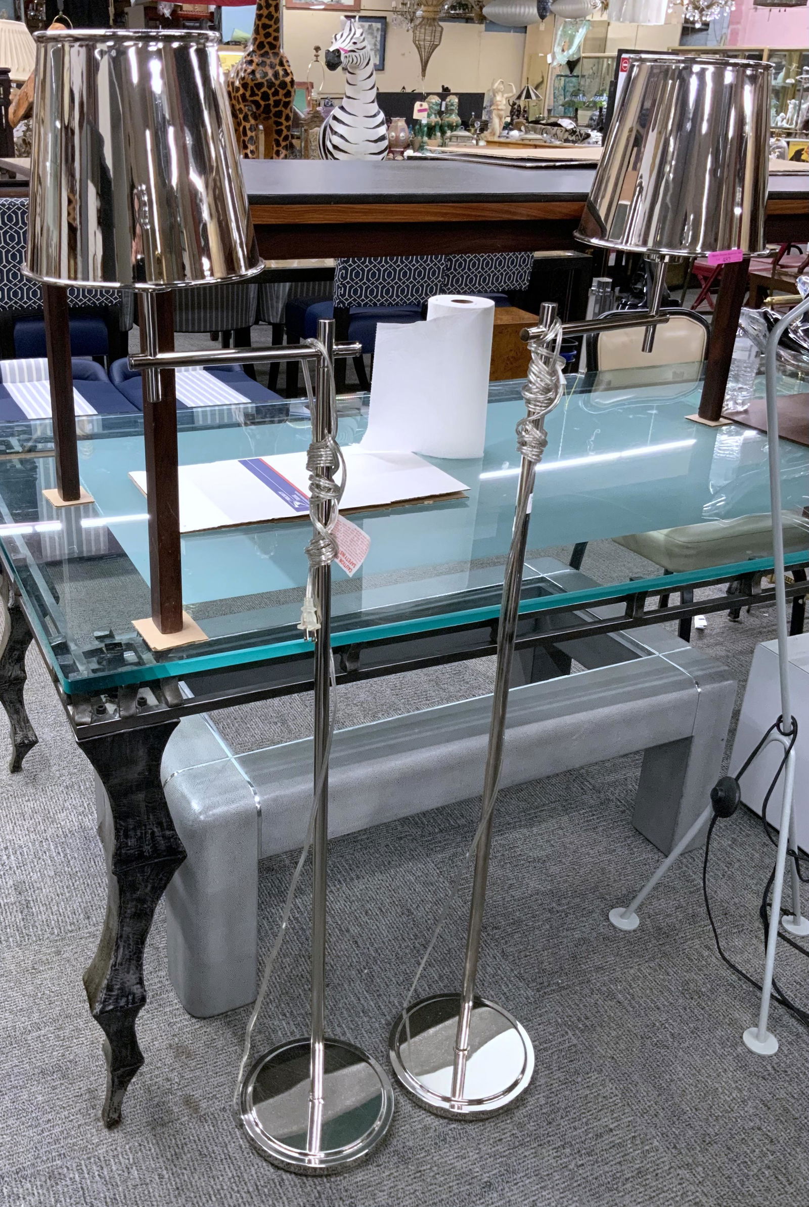 Pair of Chrome Floor Lamps w/ Chrome Metal Shades. (1 of 2)