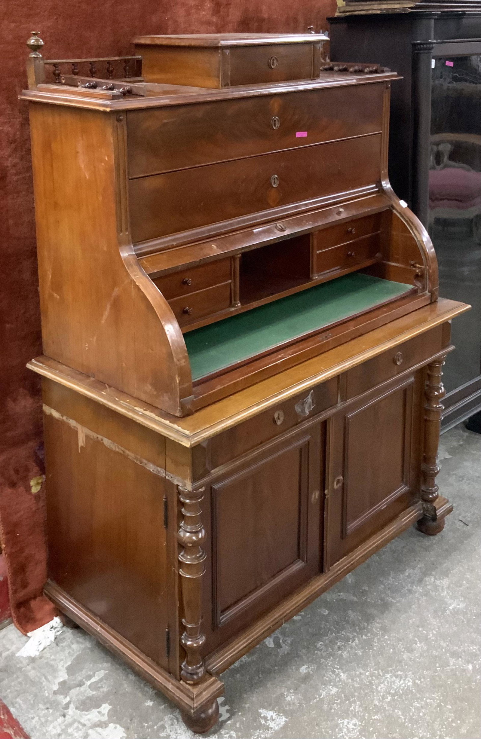 Victorian Walnut Cylinder Desk w/ Drawers.: This desk is in unrestored condition and is missing minor bits and pieces. There are 3 small finials missing off the top rail, a piece of trim missing from the bottom right, and is also missing a coup