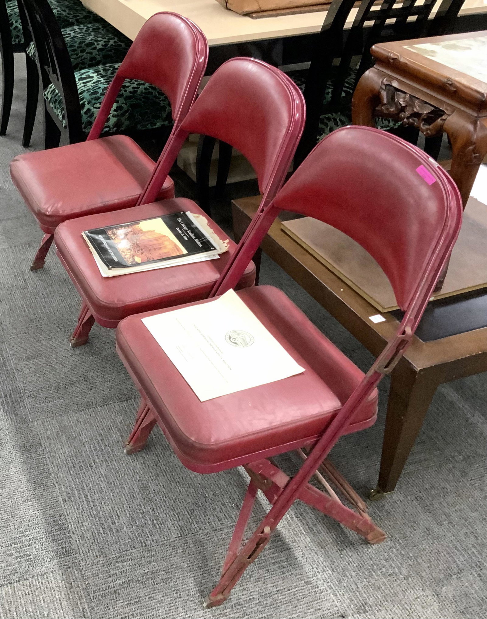 Vintage Chicago Stadium Folding Chairs, Jordan Era: The Chicago Stadium Housed the Blackhawks and the Chicago Bulls up until the 1994 renovation. This Gang of 3 chairs was purchased Oct. 15, 1994 at the Pre-Renovation auction held at the Chicago Stadiu