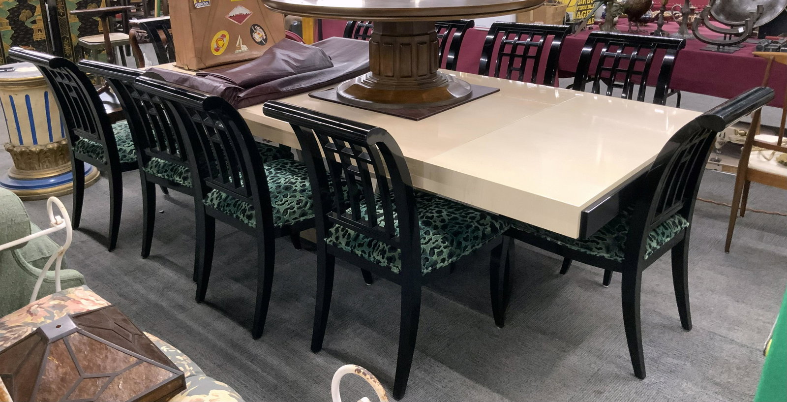 Set of 10 Pietro Constantini Chairs by Ello Furn.: Included in this lot is also a Large light wood laminate extension table w/ 2 leaves. The table is unmarked, but was purchased at the same time as the chairs. The chairs have a high gloss black lacque