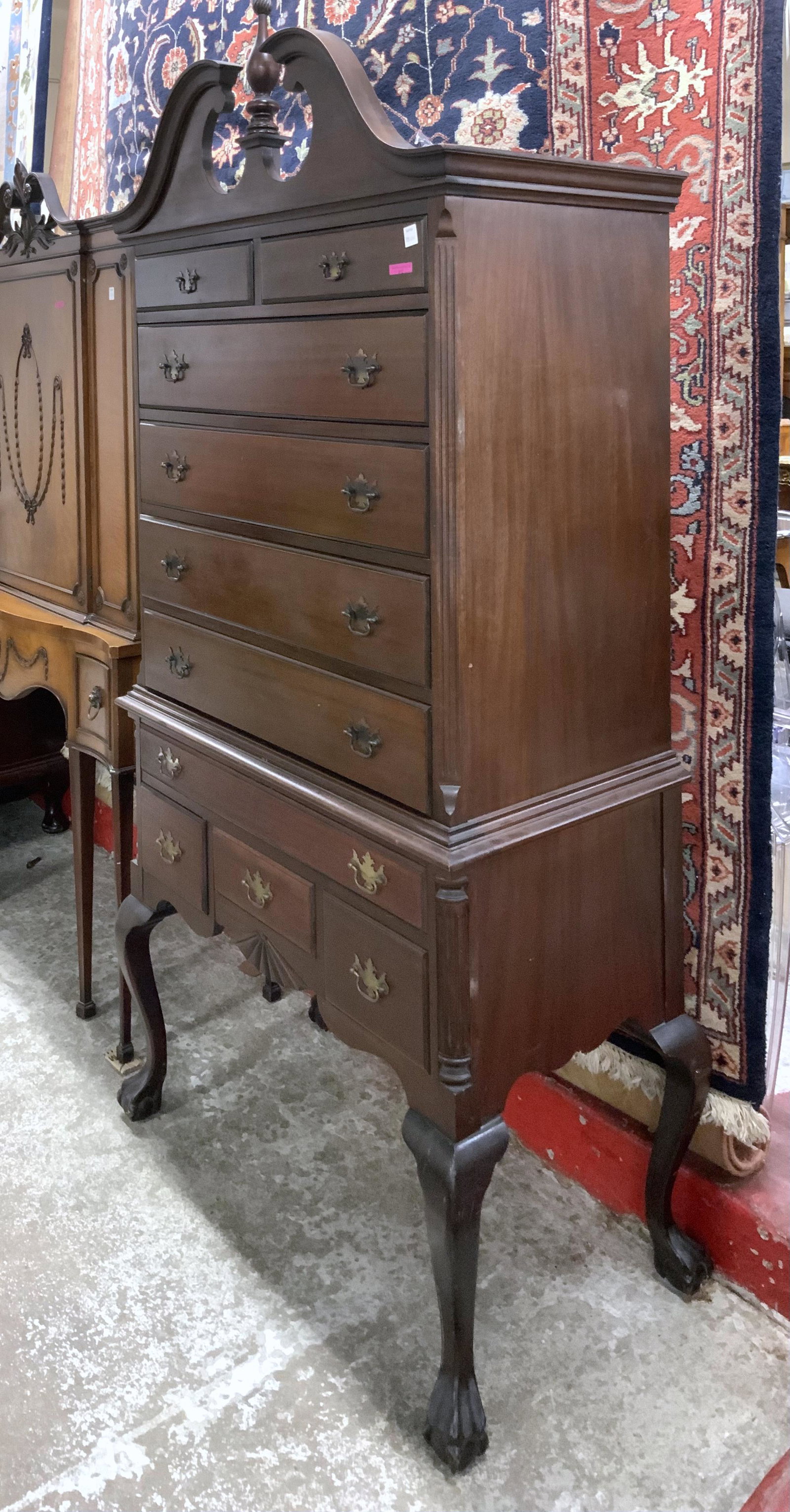 Vintage Mahogany Chippendale Highboy Chest.: The highboy appears to be in Good Overall Condition. The drawers work well, there is no damage to the body or legs. It measures 36" wide,19 1/2" deep, and 78 1/2" tall. Third-Party Freight Shipping or
