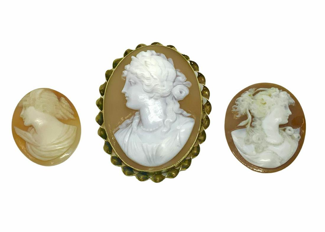 14K Antique Cameo Pin & 2 Unframed Cameos. (1 of 2)