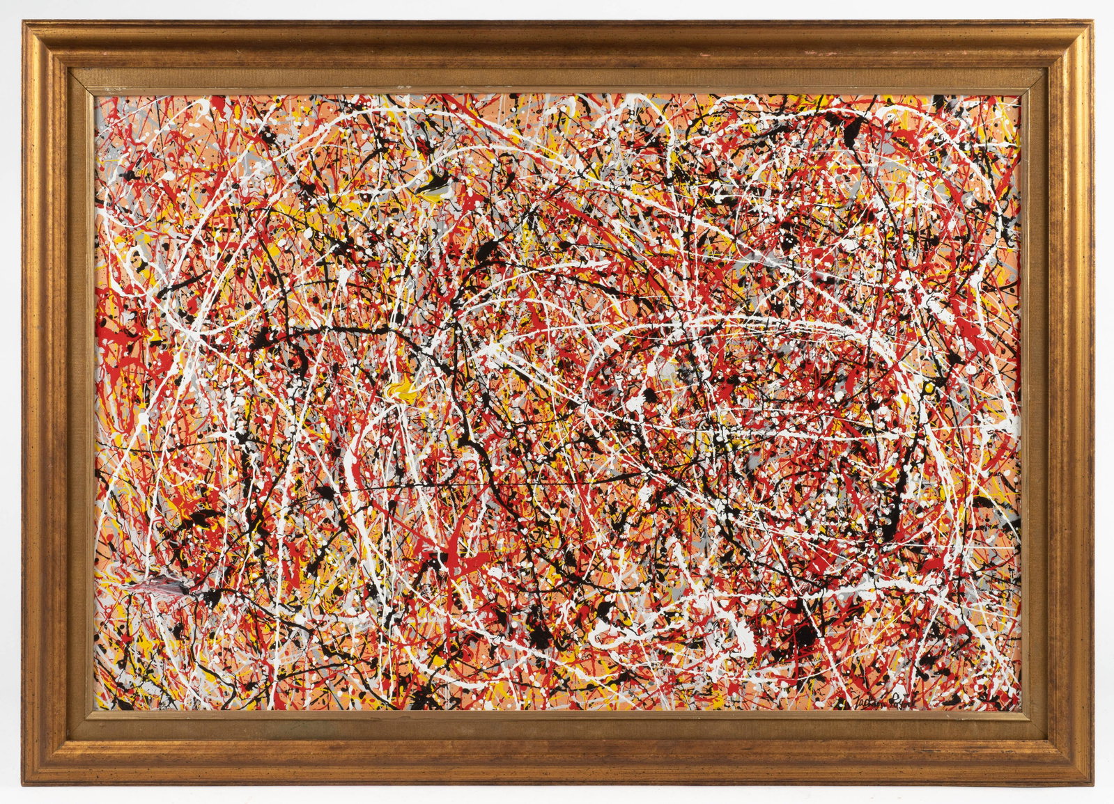 Painting on Canvas in the Style of Jackson Pollock: A Painting in the Style of Jackson Pollock, Signed. It's in very good condition. The Slightly gold-tone frame is in pretty good shape with some scuffing. The Sight area measures 35 1/2" x 24 1/2". The