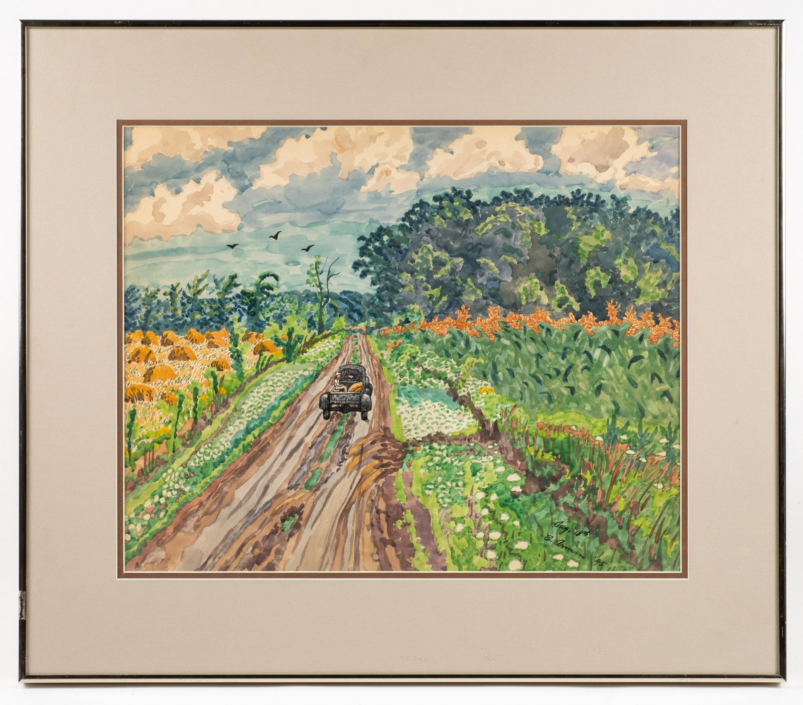 Watercolor Painting by Emil Armin.: A Watercolor painting depicting a truck driving down a country road with trees, birds and crops. Signed in lower left is "Aug 18, E. Armin, '45", for Emil Armin. The Painting is in excellent condition
