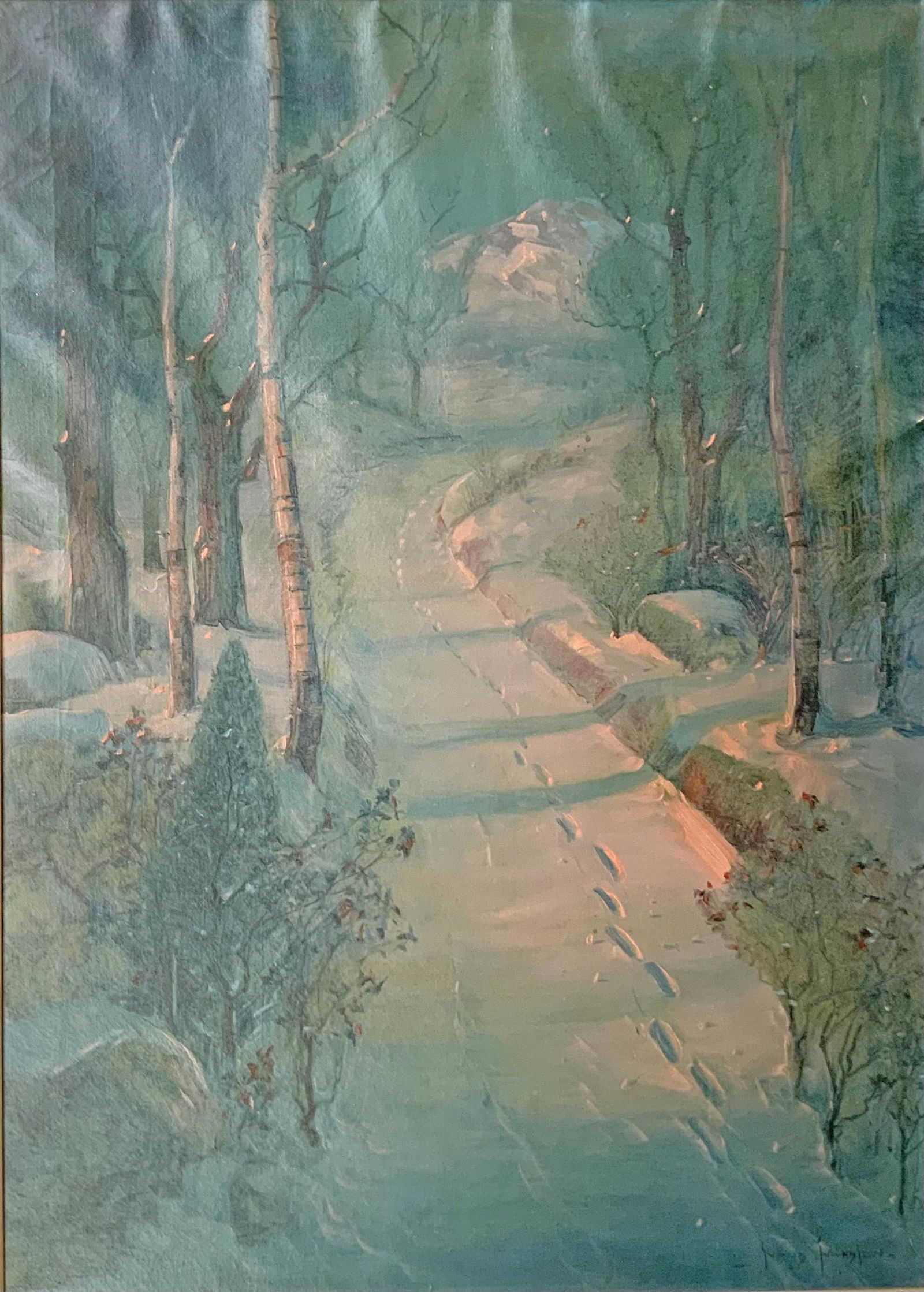 Oil Painting of Snowy Woods Sgd. Svend Svendsen.: An Oil painting on canvas depicting a snowy woods full of birch trees, with footprints at sunset. There is a mountain off in the distance beyond the woods. It is Signed lower right, "Svend Svendsen".
