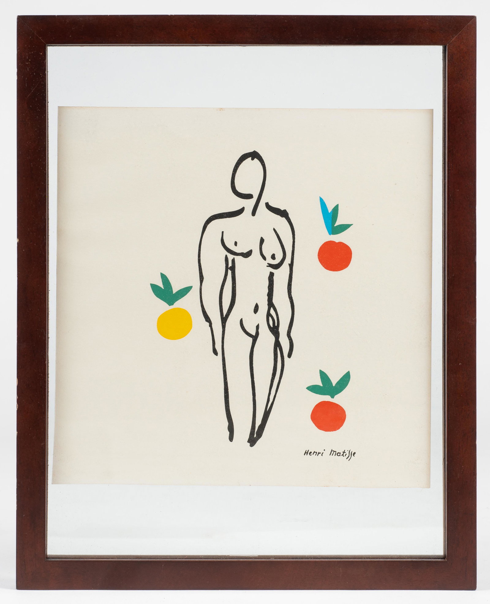 Framed Henri Matisse Print, "Nude with Oranges".: Has an In-print signature. The Paper is vaguely browning at the edges. It is Float framed. The Frame is in overall good condition. The Print sheet measures 10" x 10". The Frame measures 15" x 12". Thi