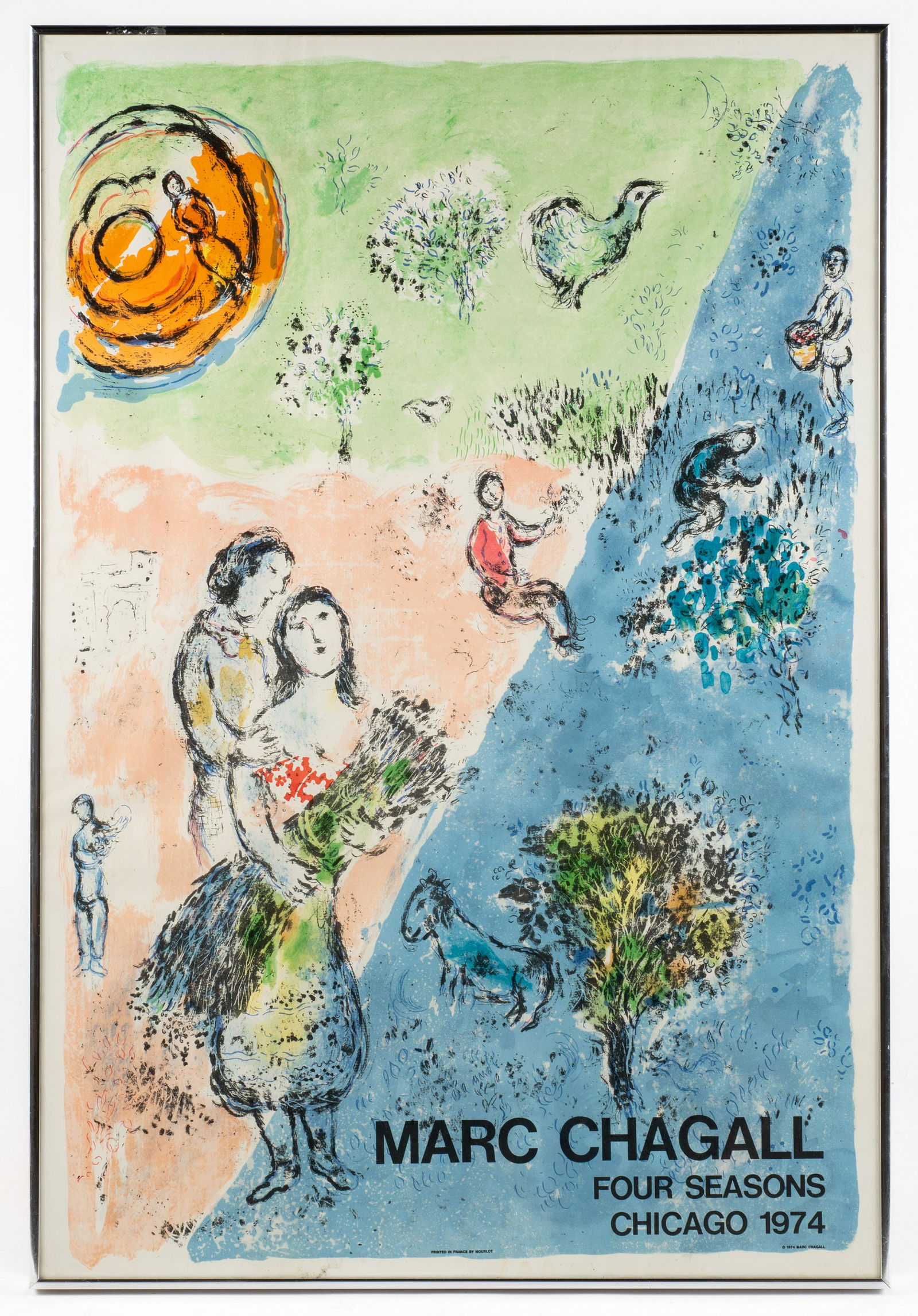 Lithograph Poster, "Four Seasons", by Marc Chagall: A Color lithograph poster by Marc Chagall, from an edition of 5,000. The Poster was created for the unveiling of a large mosaic of Chagall titled "The Four Seasons", commissioned by the city of Chicag