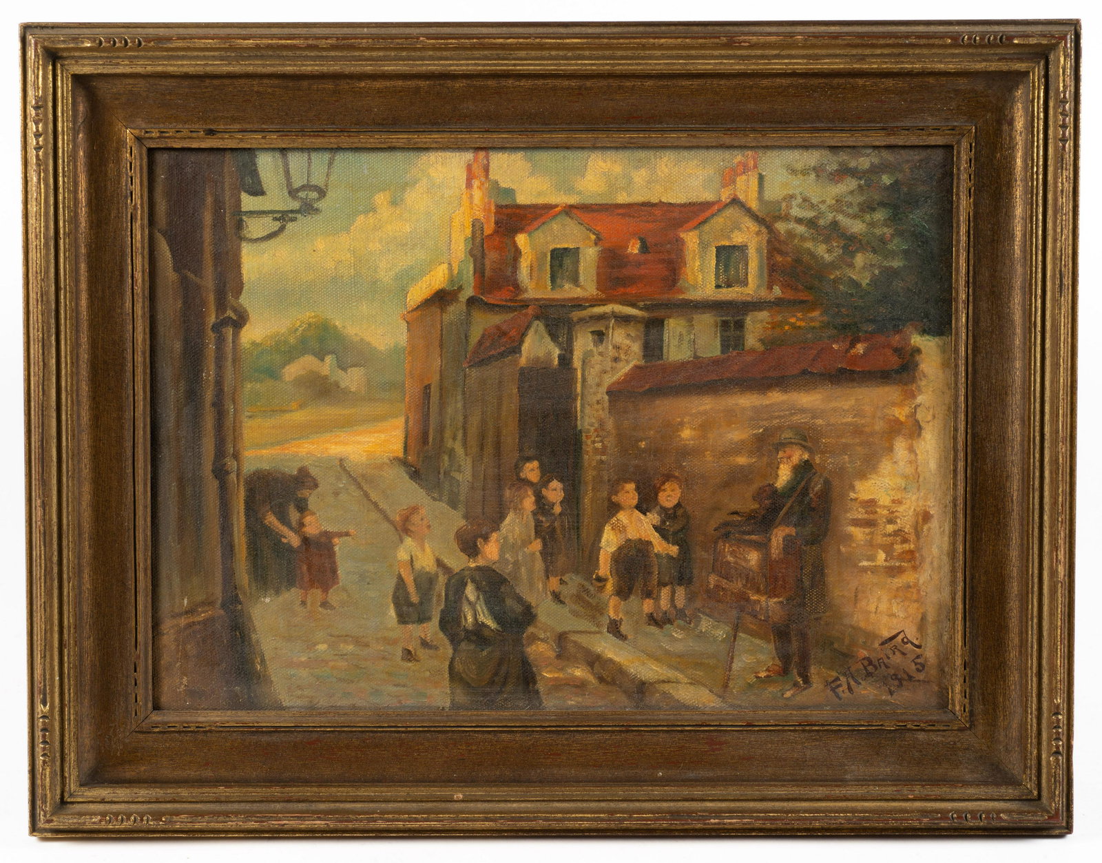 Oil Painting of an Organ Grinder Signed F.A. Baird: An Oil painting on canvas of a town street with an organ grinder and monkey entertaining kids. The Painting is signed lower left, "F.A. Baird, 1915". The Painting is in very good condition, and is in 