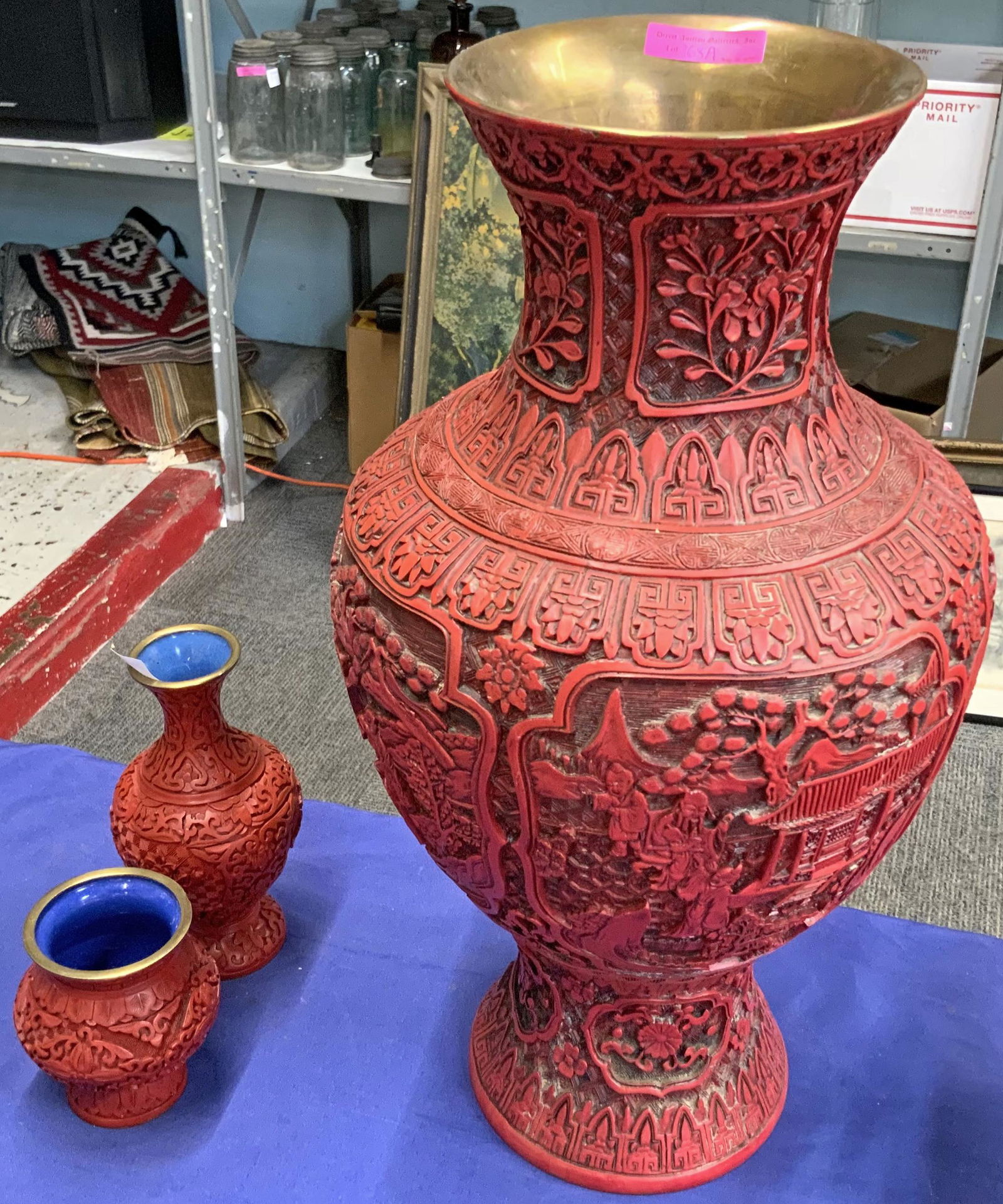 Lot: 3 Chinese Red Cinnebar Vases. (1 of 1)