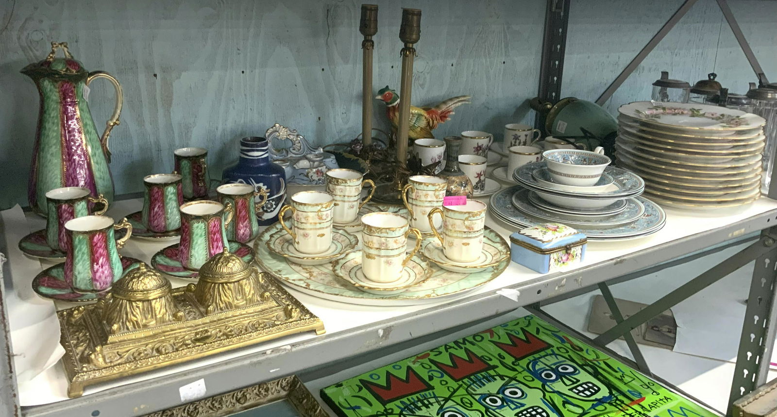 Shelf Lot: Porcelain Plates, Brass Inkwell, etc. (1 of 3)