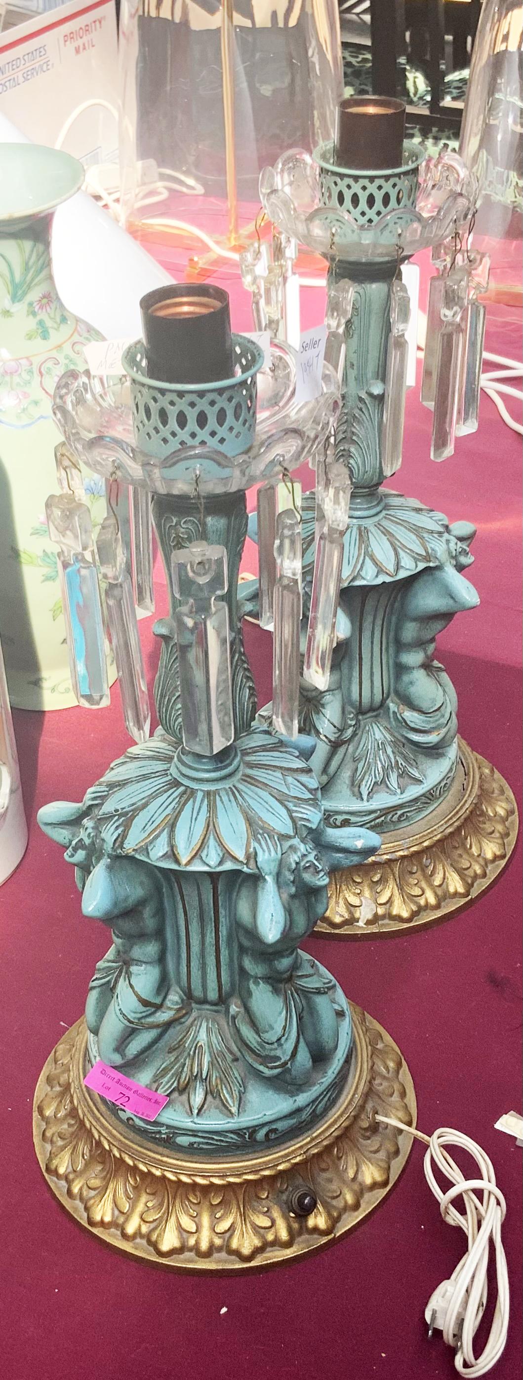 Pr. of Painted & Gilt Metal Art Deco Figural Lamps: These are Missing the Hurricane Shades. They measure 16 1/2" Tall, and are Untested. Third-Party Shipping or Personal Pickup Required.