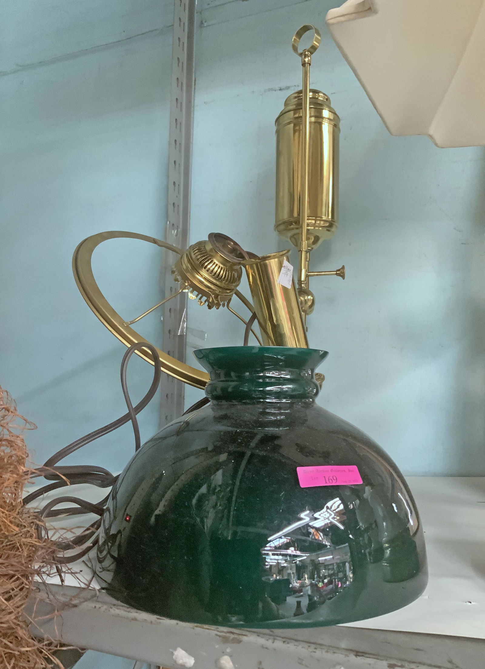 Brass Hurricane Lamp with Green Overlay Shade (1 of 1)
