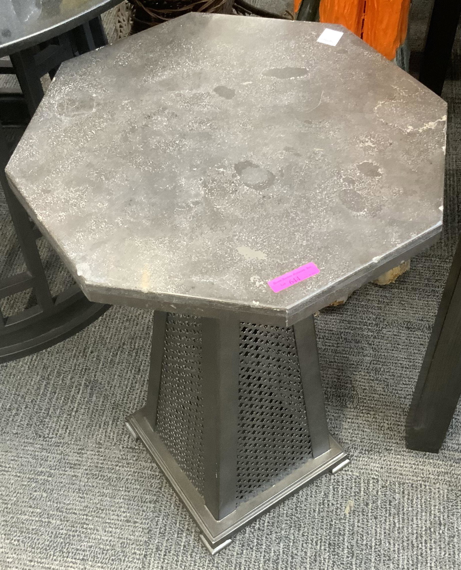 Marble Top and Metal Lamp Table / Plant Stand.: The table has a grey metal base and a marble top. There are some small nicks on the marble's edge, but the stand is useable as it is. It measures 16" by 16", and 24" tall. Third Party Freight Shipping