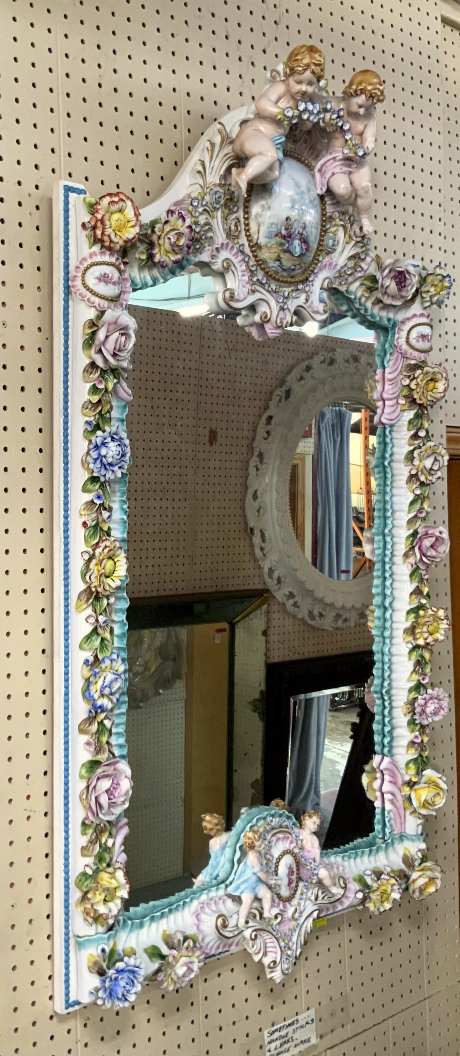 Very Ornate Italian Porcelain Mirror w/ Flowers. (1 of 4)
