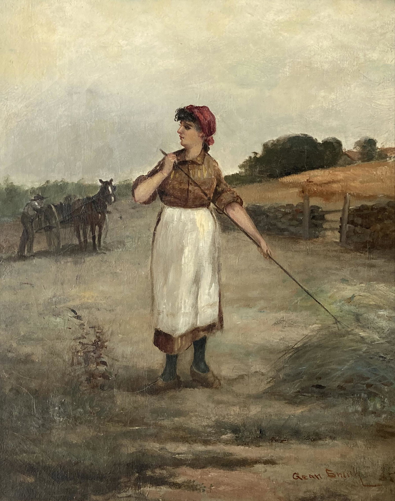 Vintage Oil Painting of a Country Woman, Signed.: A Vintage oil painting on canvas of a farmer or peasant woman raking hay in the country. The Painting is signed lower right, but the painter has not been identified. It Appears to read "Gean Smith". T