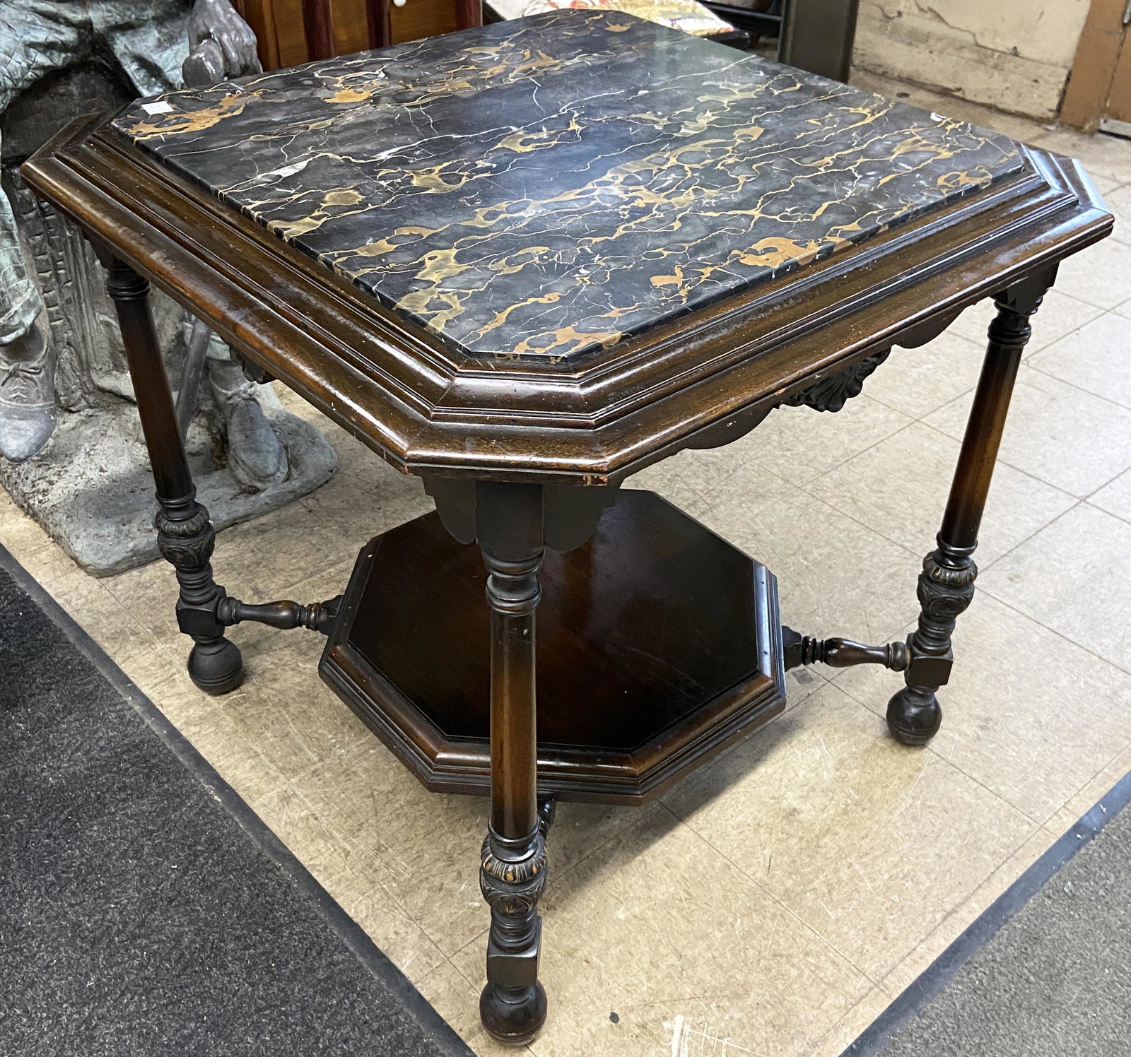 4-Legged Marble Inset Squarish Vintage Table.: This Antique or Vintage Table has some Wear and Paint Spots on it (Was in a Room that was Being Painted), but is in Reasonably Good Condition. The Marble Top has a Few Light Scratches on the Surface,