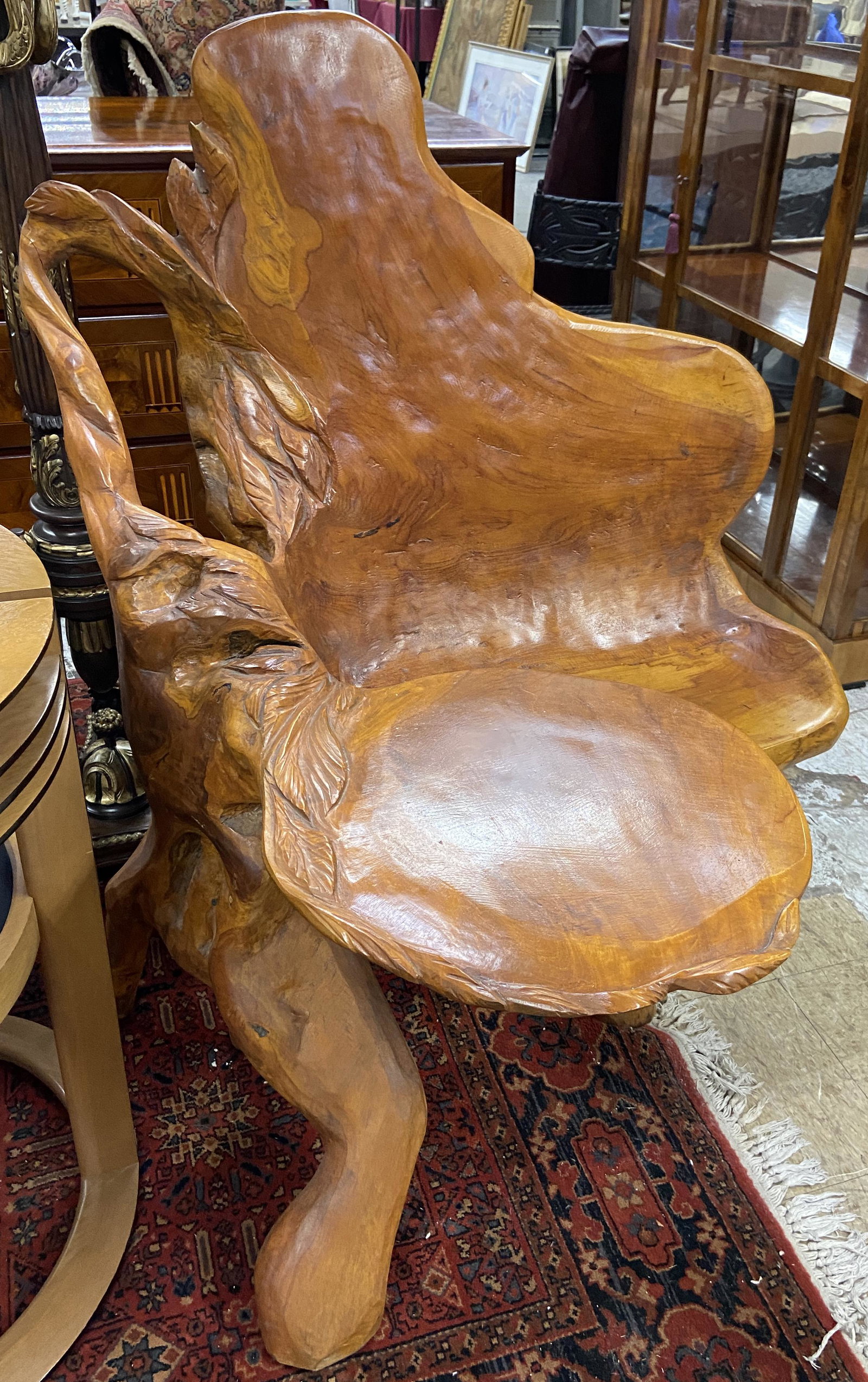 Light-Color California Redwood Chair/Writing Desk.: It looks as though this Freeform Writing Table has been Mostly Carved from one Piece of Wood. It is Signed N.F. on the Back. It is in Excellent Overall Condition, and Measures 45" Tall, 35" Wide, and 