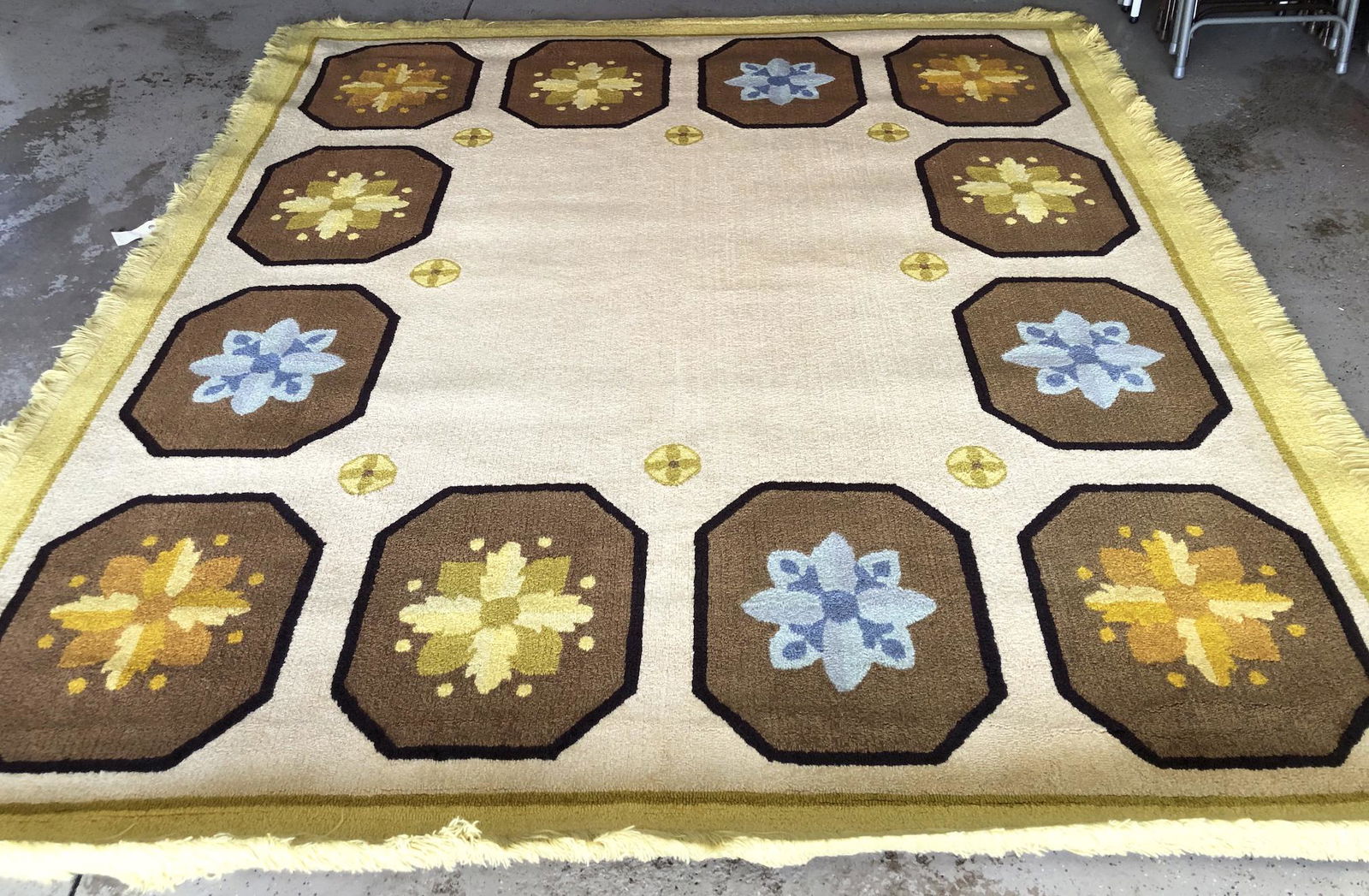 7' 6" x 8' 5" Circa 1970 Edward Fields Rug.: A Thick Mid-Century Rug with a Shag Edge, in Good Overall Condition. It is Signed Edward Fields on the Back, with the 1970 Date. Third-Party Shipping or Personal Pickup Required.