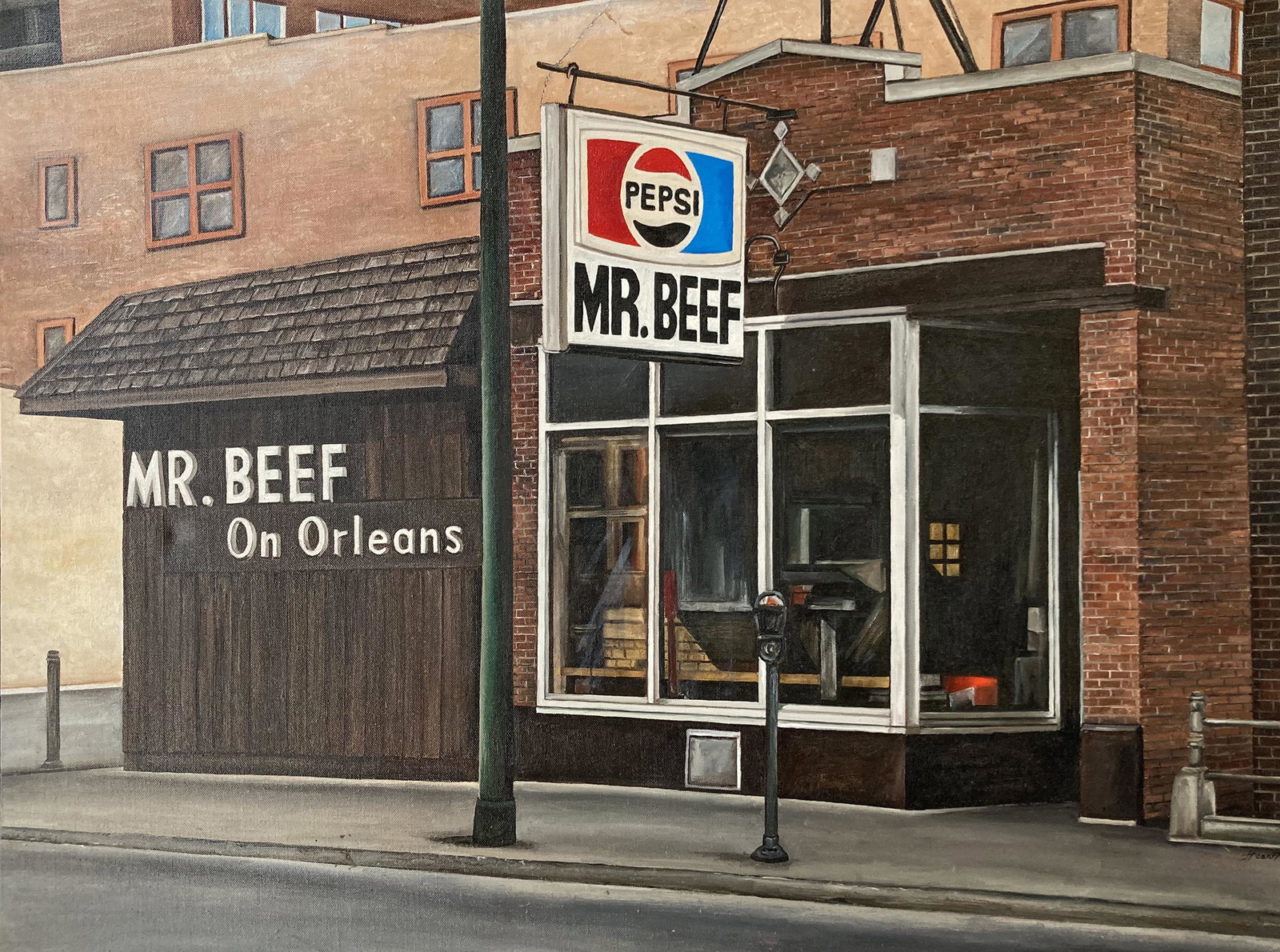 Oil Painting of "Mr. Beef" by Judith Hearst.: An Oil painting on canvas of the original Mr. Beef (on Orleans Street in Chicago) by artist Judith Hearst. It is Signed lower right by the artist, "Hearst". The Painting is in pristine condition and i