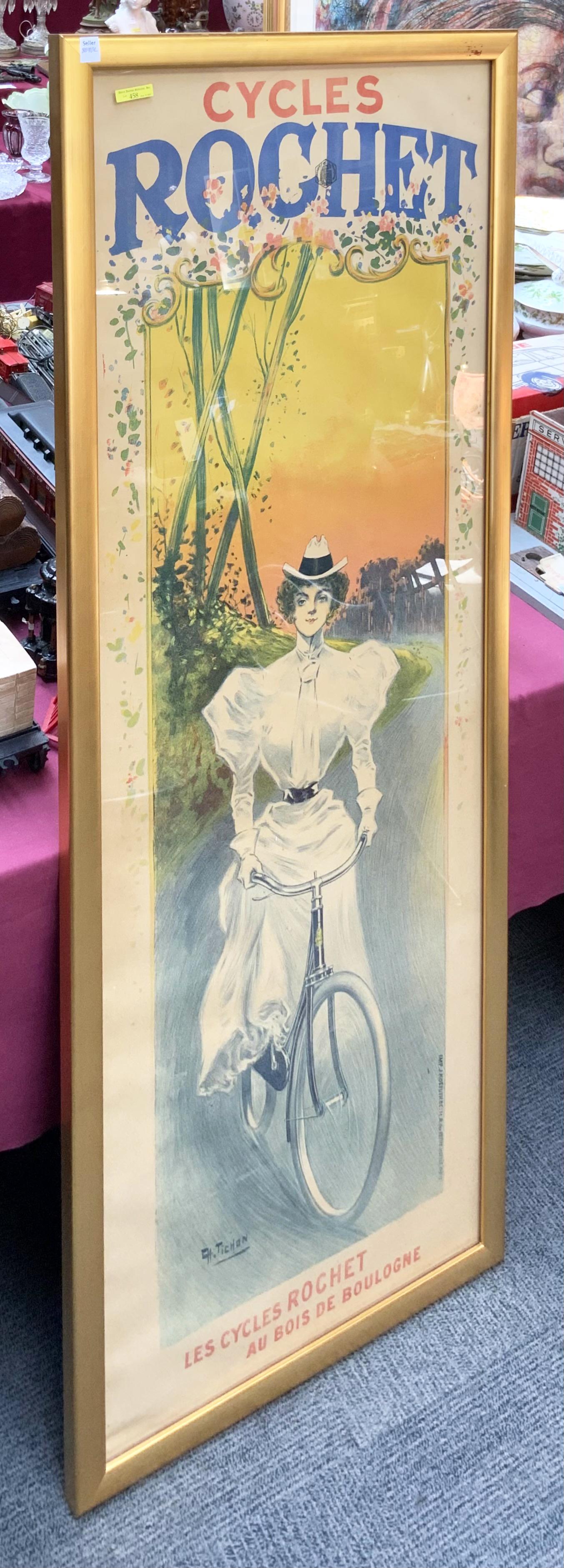 Charles Tichon "Cycles Rochet" Bicycle Poster.: An Antique French Advertising Poster in a gold-gilded frame. The Image is of a Lady in a white dress bicycling down a winding road at Sunset. It is in Overall Nice condition, kept under glass, with So